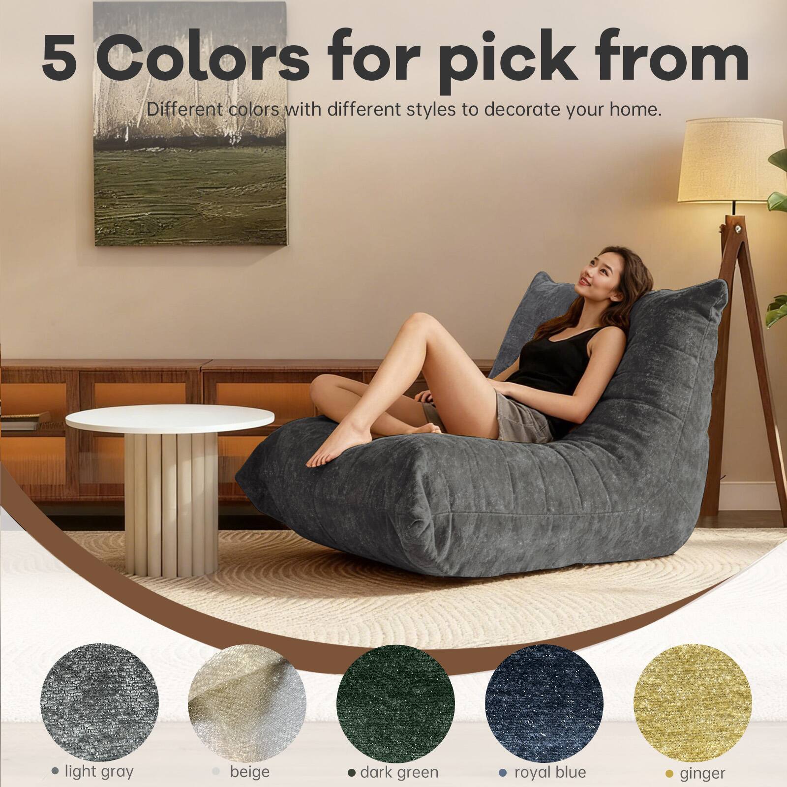 5 Colors for pick from  
Different colors with different styles to decorate your home.  
- light gray  
- beige  
- dark green  
- royal blue  
- ginger