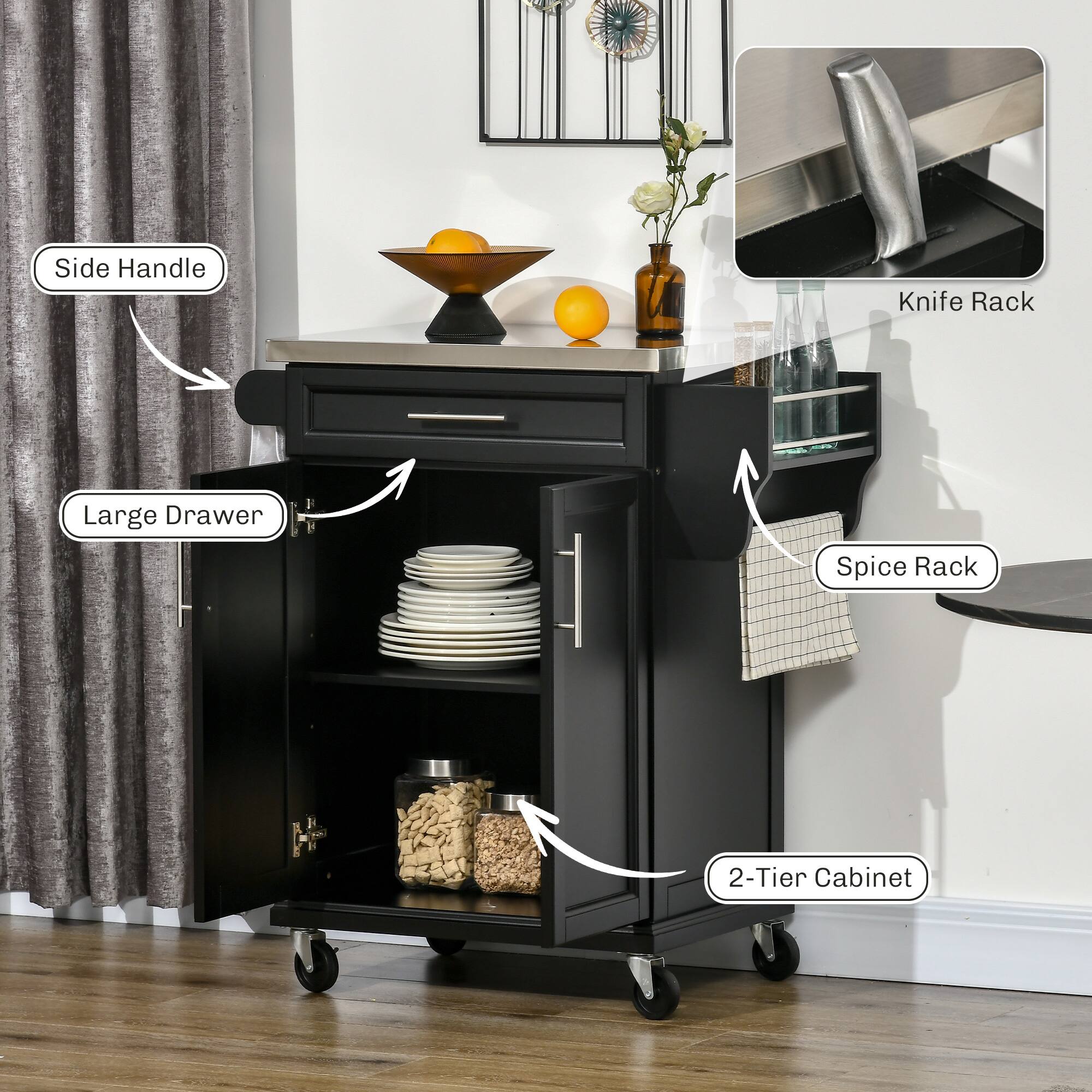 - Side Handle
- Large Drawer
- 2-Tier Cabinet
- Knife Rack
- Spice Rack