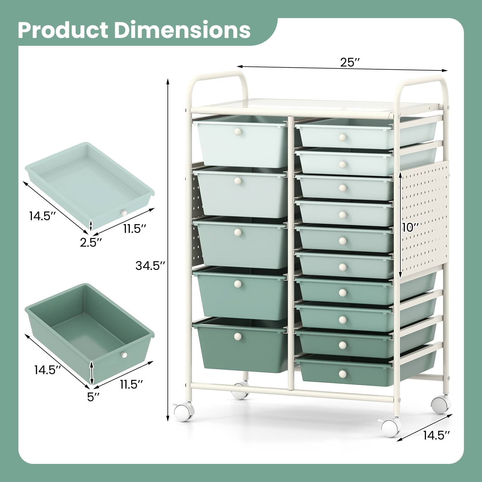 Product Dimensions: 25" x 14.5" x 2.5" (tray), 34.5" x 14.5" x 5" (cart), 10" (height)