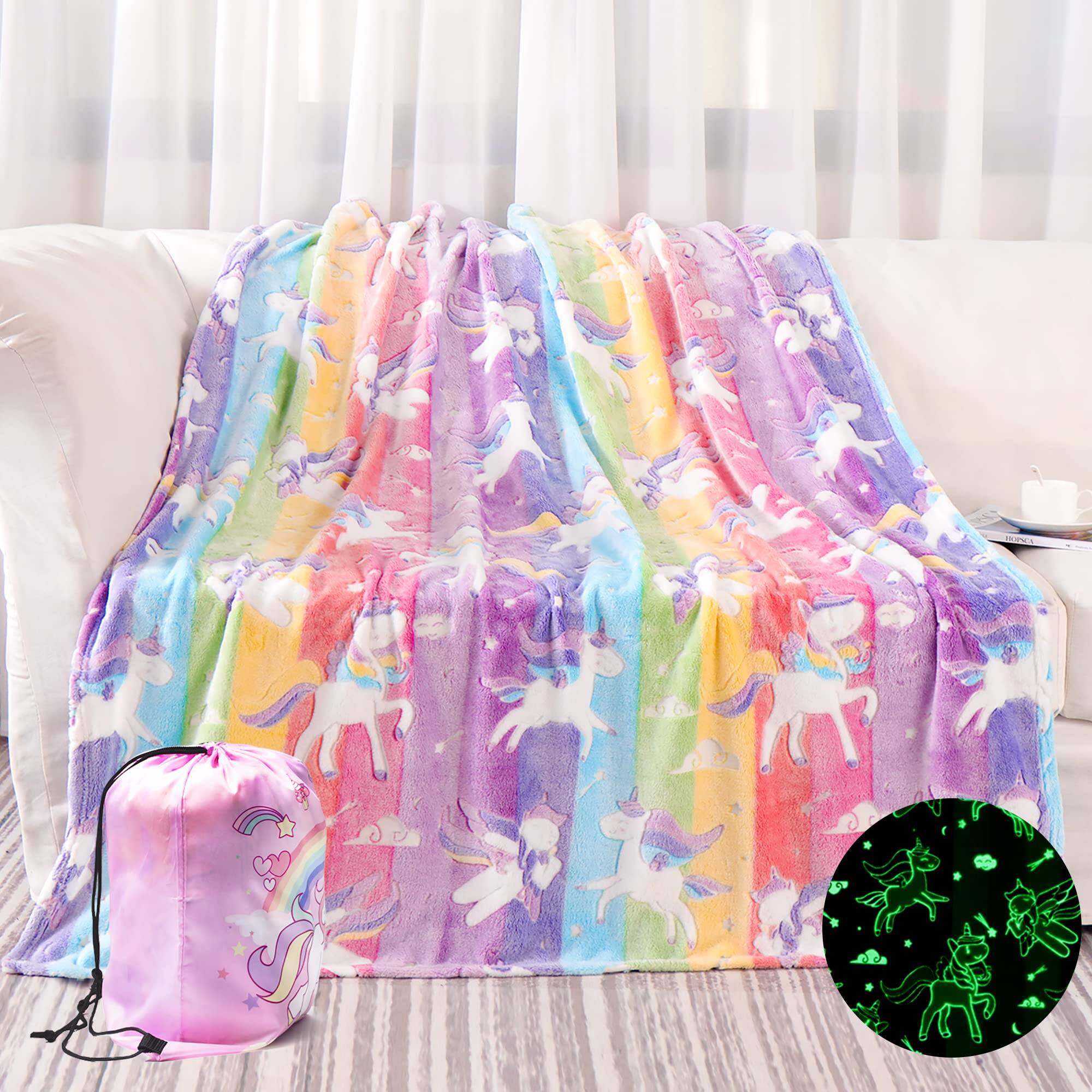 Front. NICHOLAS KLEIN - Glow In The Dark Blanket Unicorns Gifts For Soft 3 4 5 6 7 8 9 10 Year Old Girl Toys 6 8 Grandkids Teens Ch... - A-pink Unicorn 50"W x 60"L.