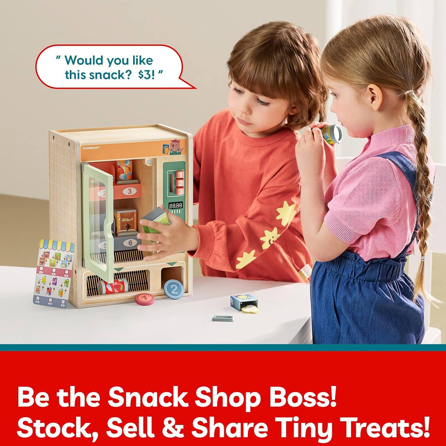 "Would you like this snack? $3!"  
TOPBRIGHT  
2 3 0888 III PRiT 5 6  
Be the Snack Shop Boss!  
Stock, Sell & Share Tiny Treats!