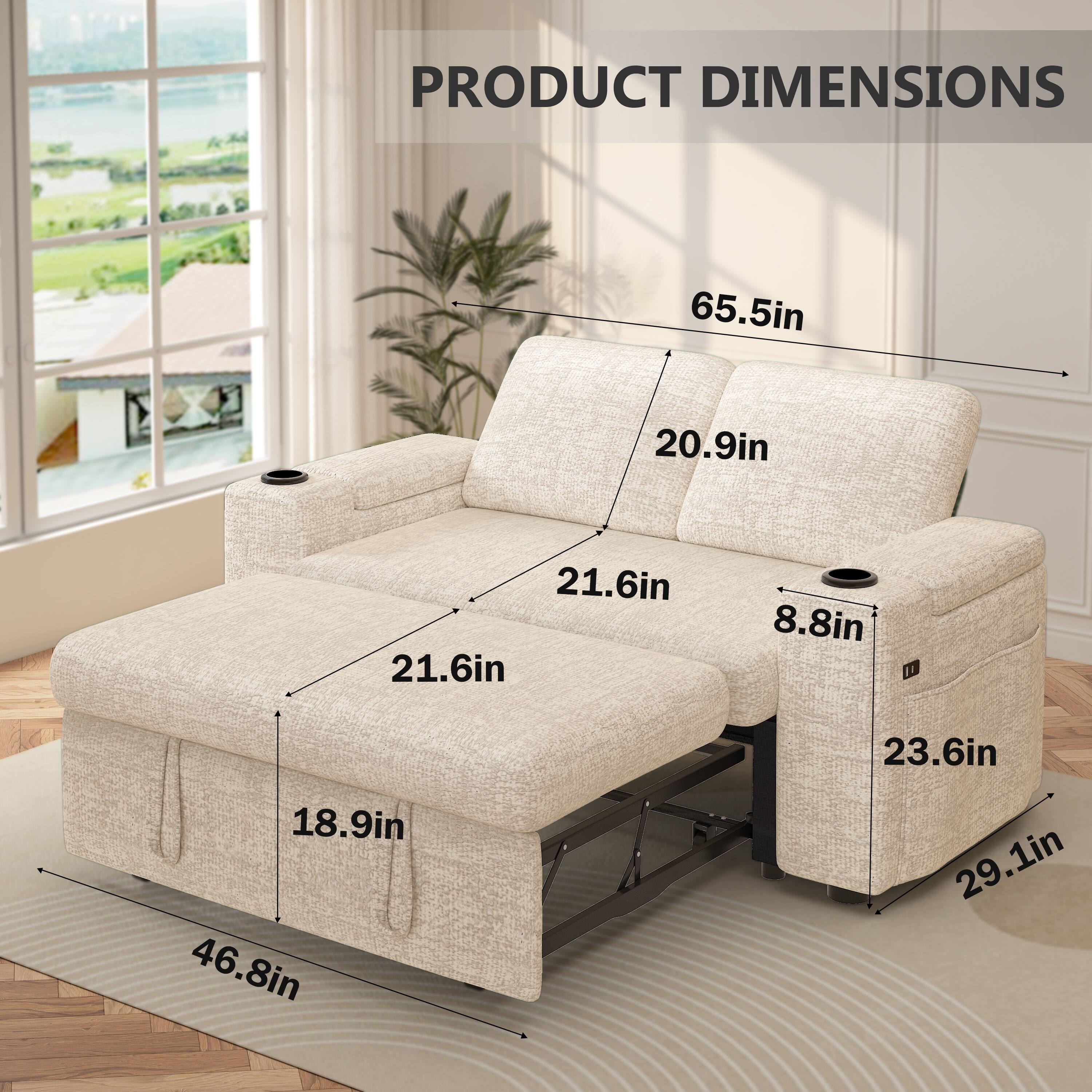 PRODUCT DIMENSIONS

- Length: 65.5in
- Width: 20.9in
- Height: 21.6in
- Seat Height: 18.9in
- Armrest Height: 21.6in
- Armrest Width: 8.8in
- Depth: 46.8in
- Side Table Height: 23.6in
- Side Table Width: 29.1in