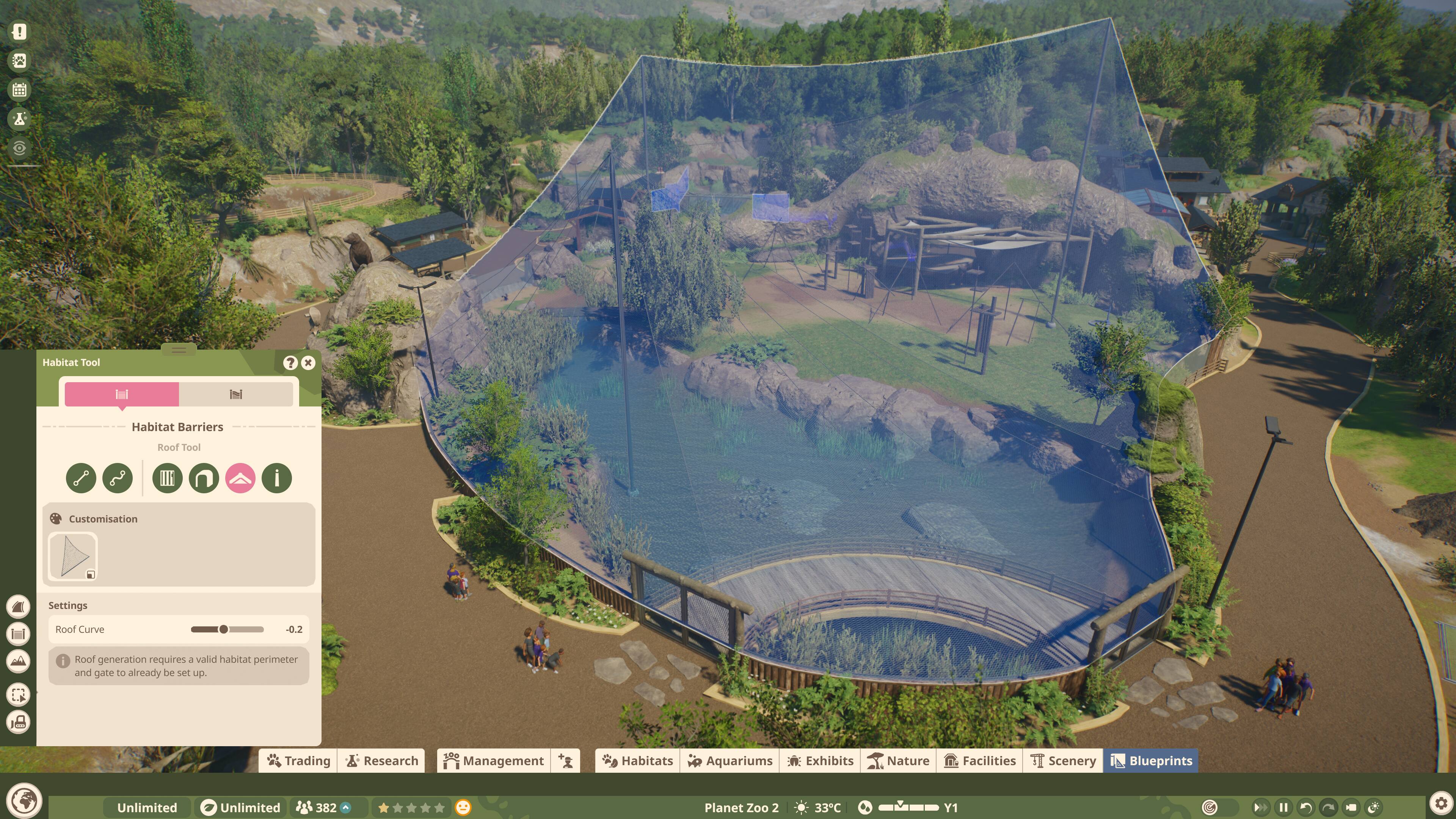 A Habitat Tool  
Habitat Barriers  
Roof Tool  
Customisation  
Settings:  
Roof Curve -0.2  
Roof generation requires a valid habitat perimeter and gate to already be set up.  

Trading Research Management Habitats Aquariums Exhibits Nature Facilities Scenery Blueprints  

Unlimited Unlimited 382 Planet Zoo 2 33C Y1