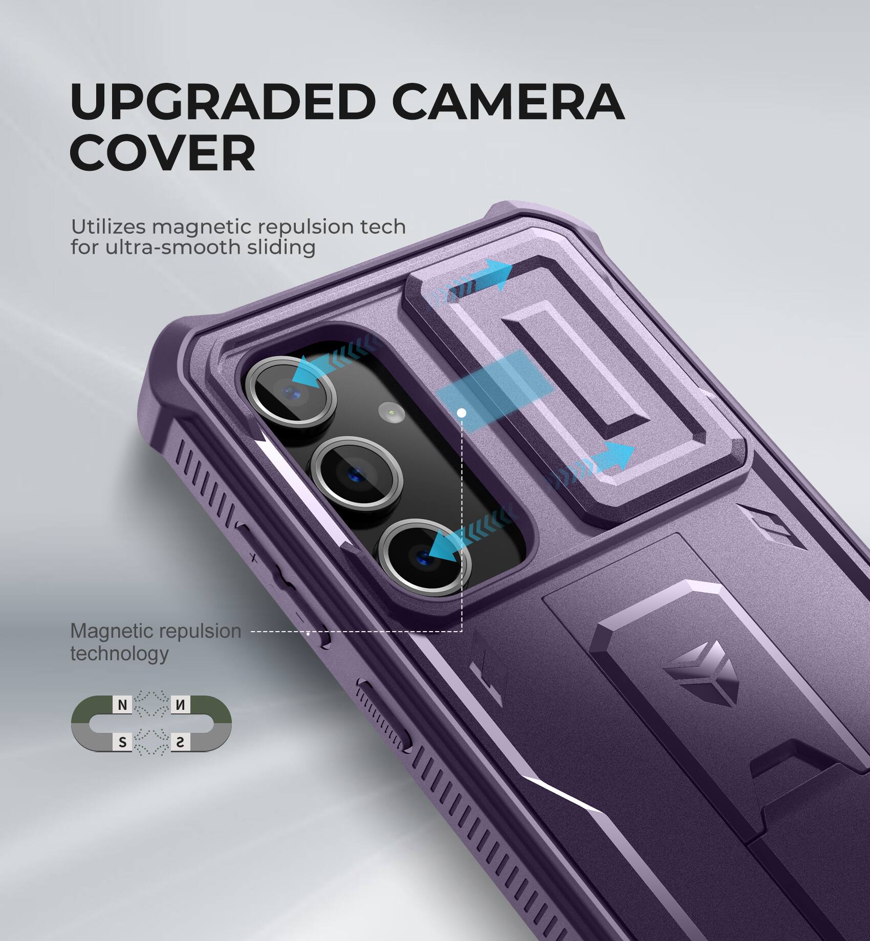 UPGRADED CAMERA COVER, Utilizes magnetic repulsion tech for ultra-smooth sliding, Magnetic repulsion technology, N S S