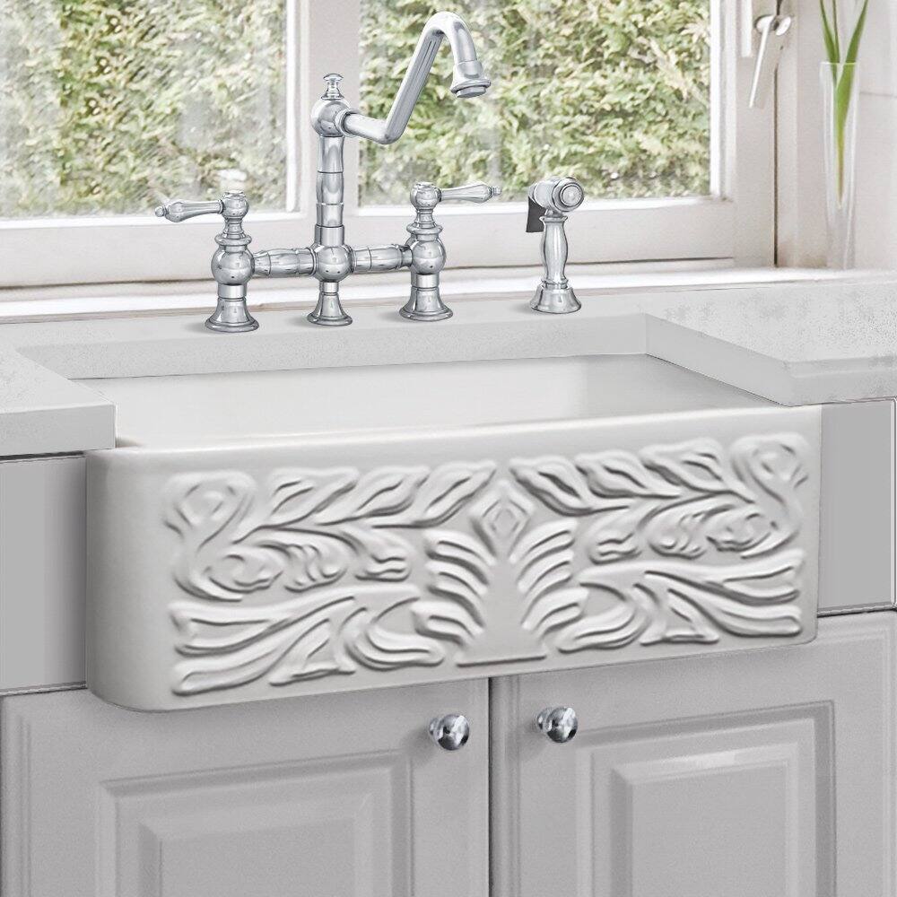 Alt View 5. Whitehaus - Whitehaus Farmhaus Fireclay Reversible Sink with a Gothichaus Swirl Design Front Apron on One Side - White.