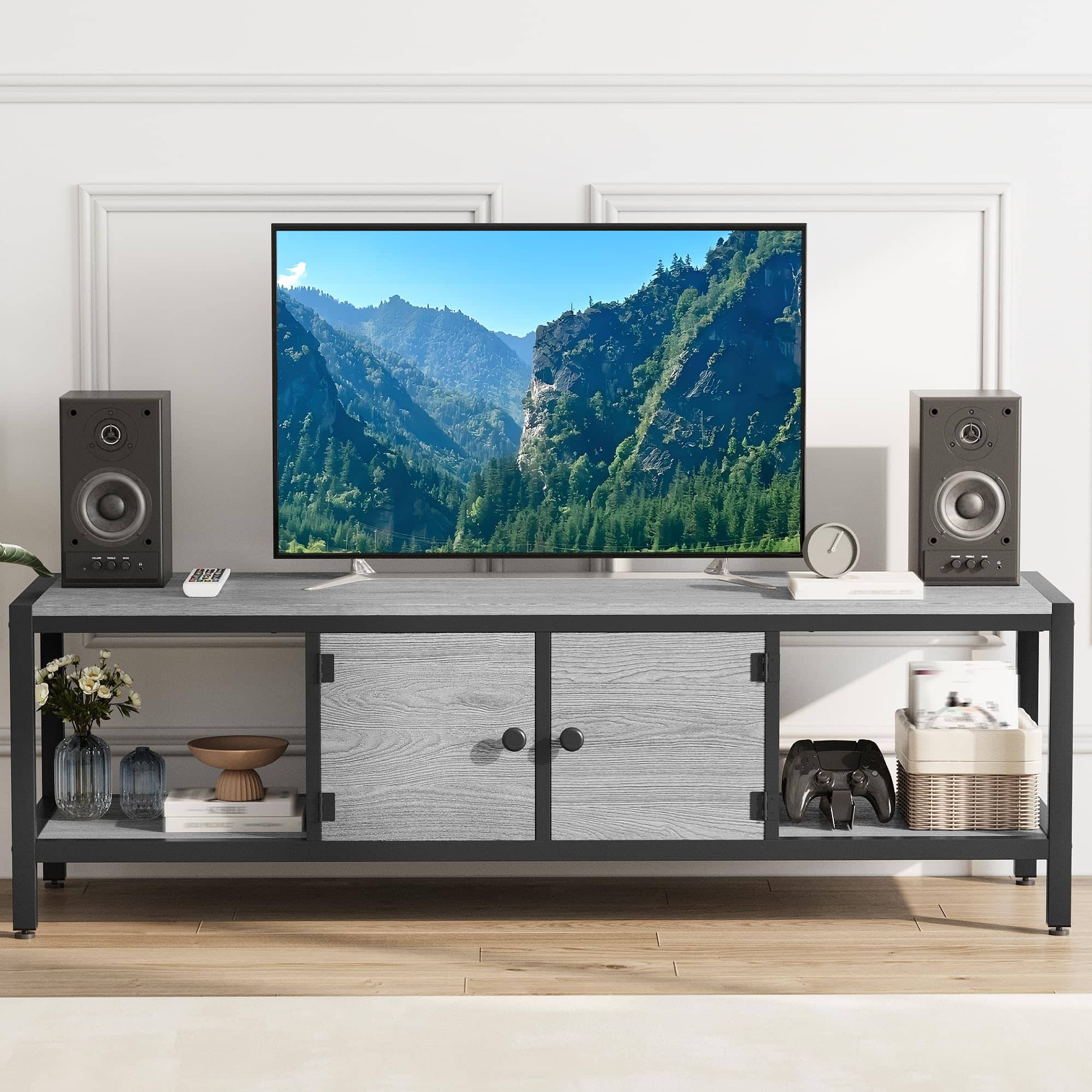 Acekool - 58" TV Stand for Television 65", Entertainment Center Table with Adjustable Legs, TV Stand with Open Shelves & Doors - Gray