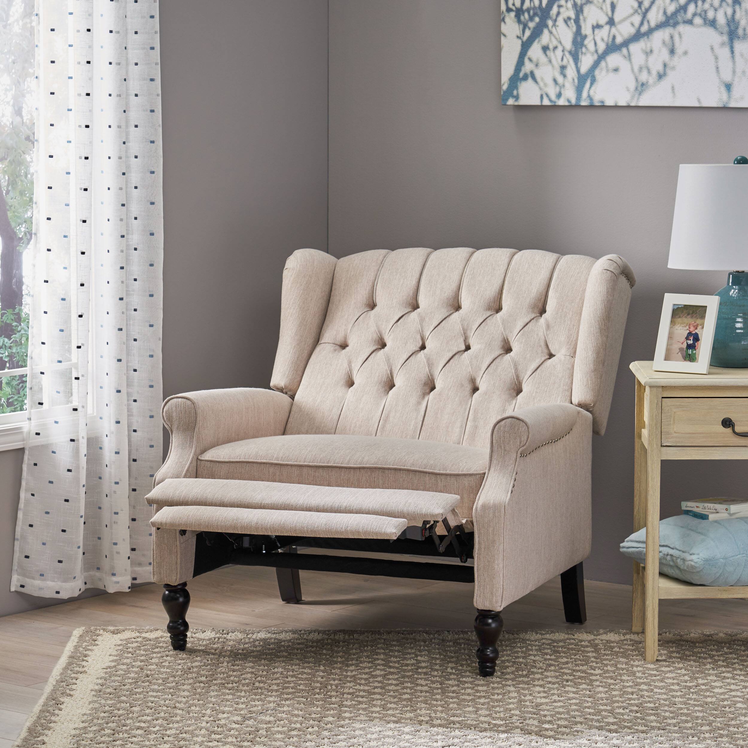 Left. APRILSOUL - Push Back Recliner Chair Fabric Lounge Armchair Rivet Decoration Wingback Single Sofa - Beige.
