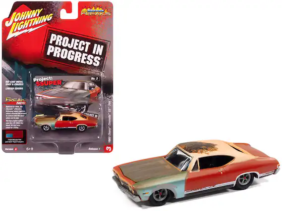 **Johnny Lightning**
**Project in Progress**
**Project: No. 3**
**SSUPER**
**DIE-CAST METAL BODY & CHASSIS**
**LIMITED EDITION**
**FREAK FACTS:**
- Optional in 1968, the hideaway wiper system, which allowed the wipers to retract when not in use.
- The top engine option was the L72 396ci big block rated for 375hp.
**1968 Chevrolet SS**
**Version A**
**Release 1**
**6+**
**71634 Matador Red**
**71517 Topul Turquoise**
**Project in Progress**
**SSUPER**
**FREAK FACTS:**
- Optional in 1968, the hideaway wiper system, which allowed the wipers to retract when not in use.
- The top engine option was the L72 396ci big block rated for 375hp.
**1968 Chevrolet SS**
**Version A**
**Release 1**