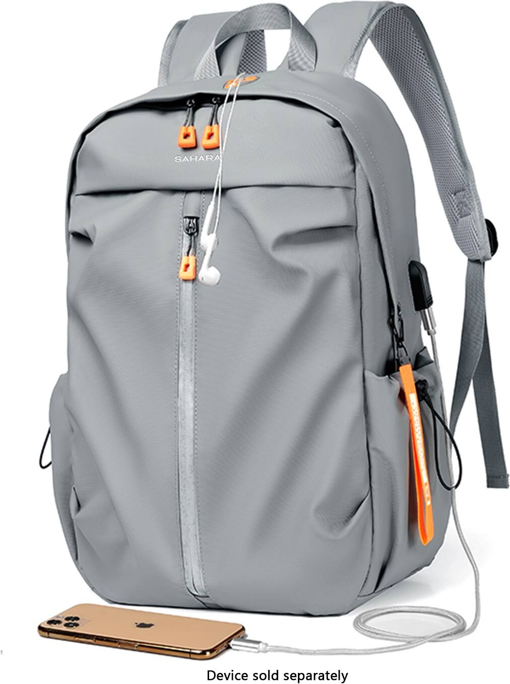 The image shows a grey backpack with a cell phone and earbuds attached to it. The backpack is designed to hold a cell phone securely, and the earbuds can be used for listening to music or making calls. The backpack is available for purchase separately, as the device is not included in the package.