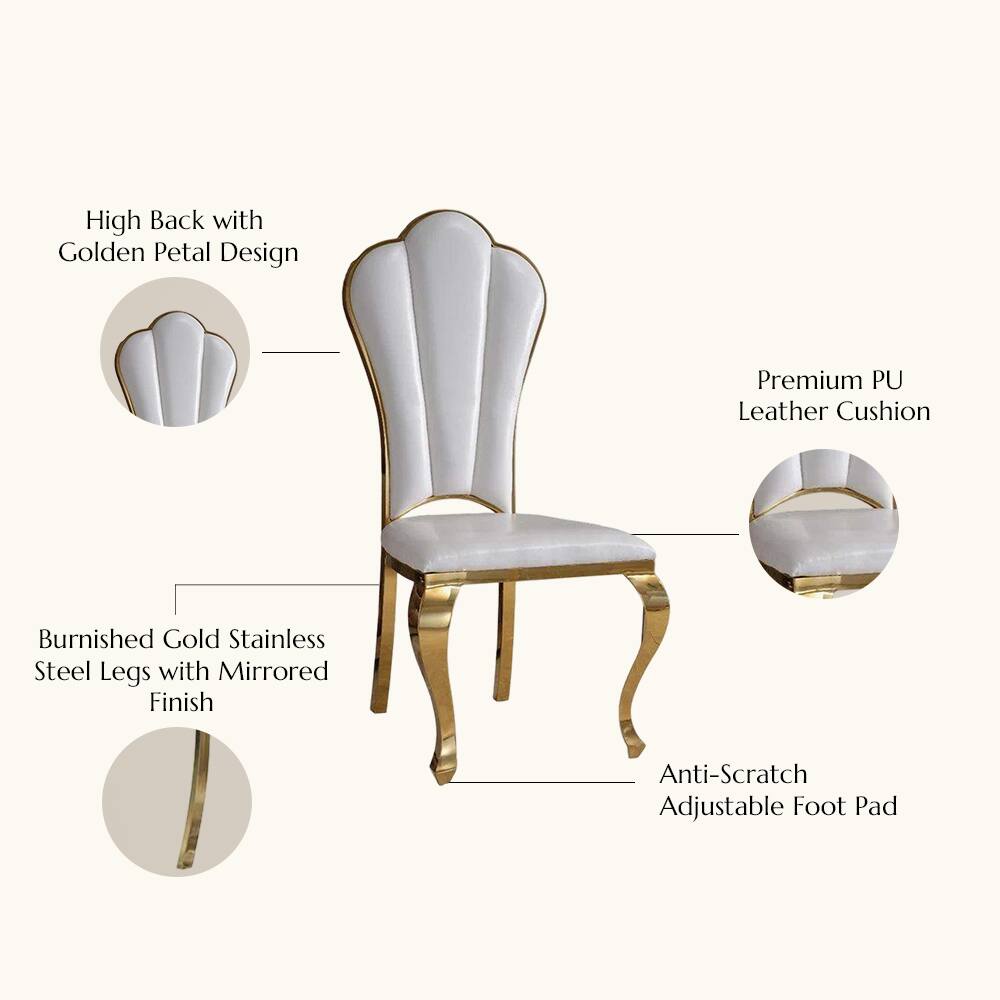 High Back with Golden Petal Design  
Premium PU Leather Cushion  
Burnished Gold Stainless Steel Legs with Mirrored Finish  
Anti-Scratch Adjustable Foot Pad