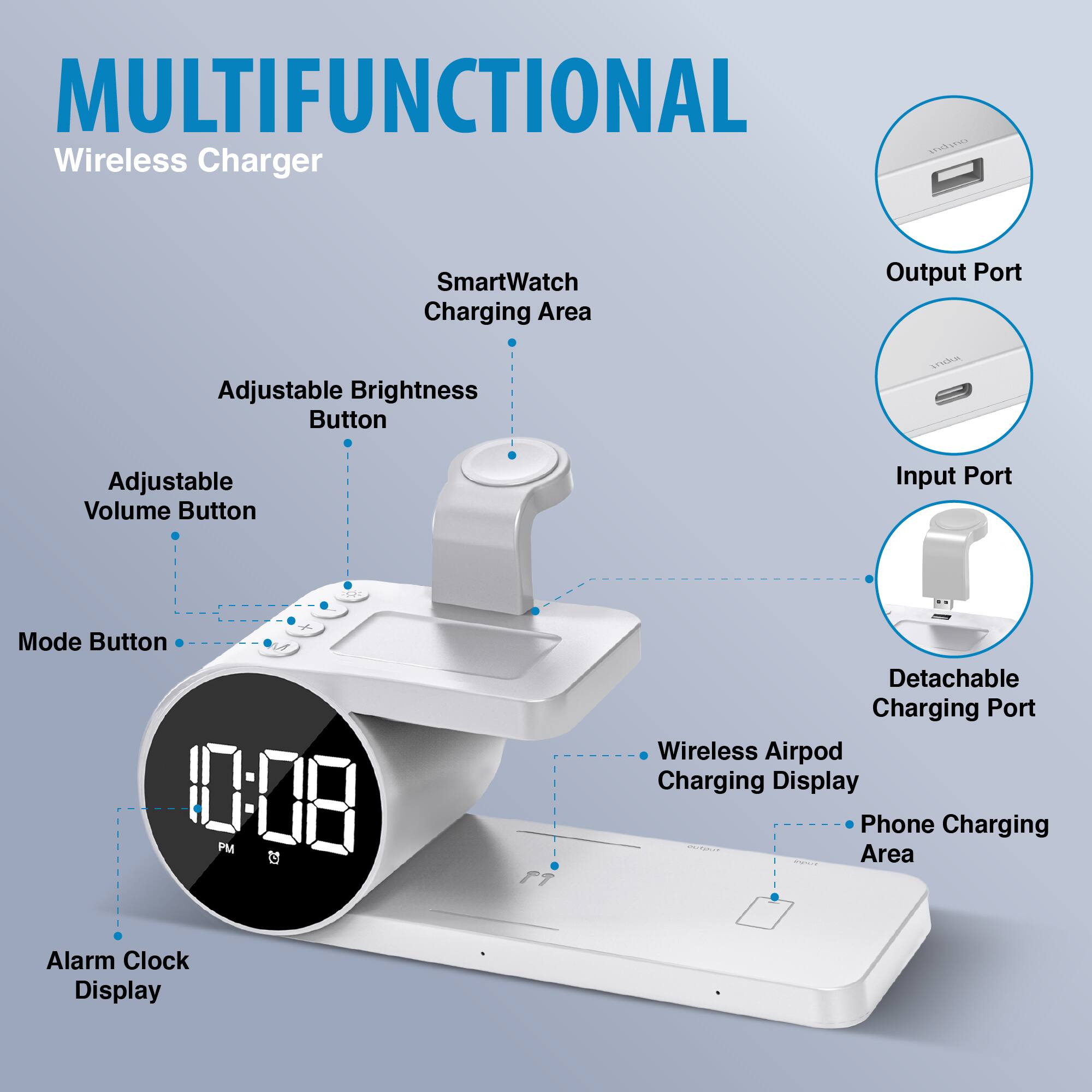 MULTIFUNCTIONAL Wireless Charger SmartWatch Charging Area Output Port Adjustable Brightness Button Adjustable Volume Button Input Port Mode Button 10:08 PM Detachable Charging Port Wireless Airpod Charging Display Phone Charging Area Alarm Clock Display