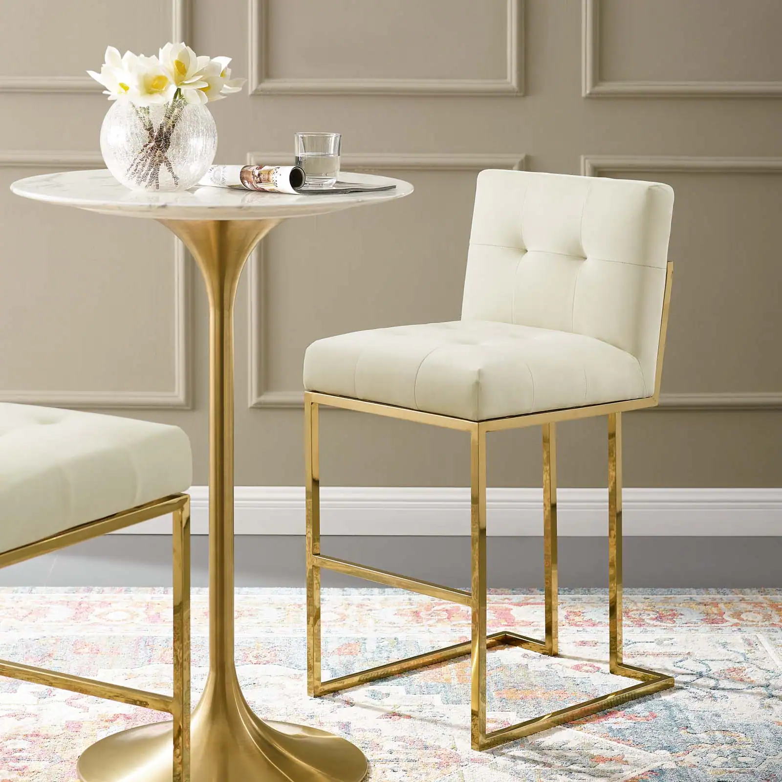 Front. Modway - Privy Gold Stainless Steel Performance Velvet Bar Stool by Modway - Gold Ivory.