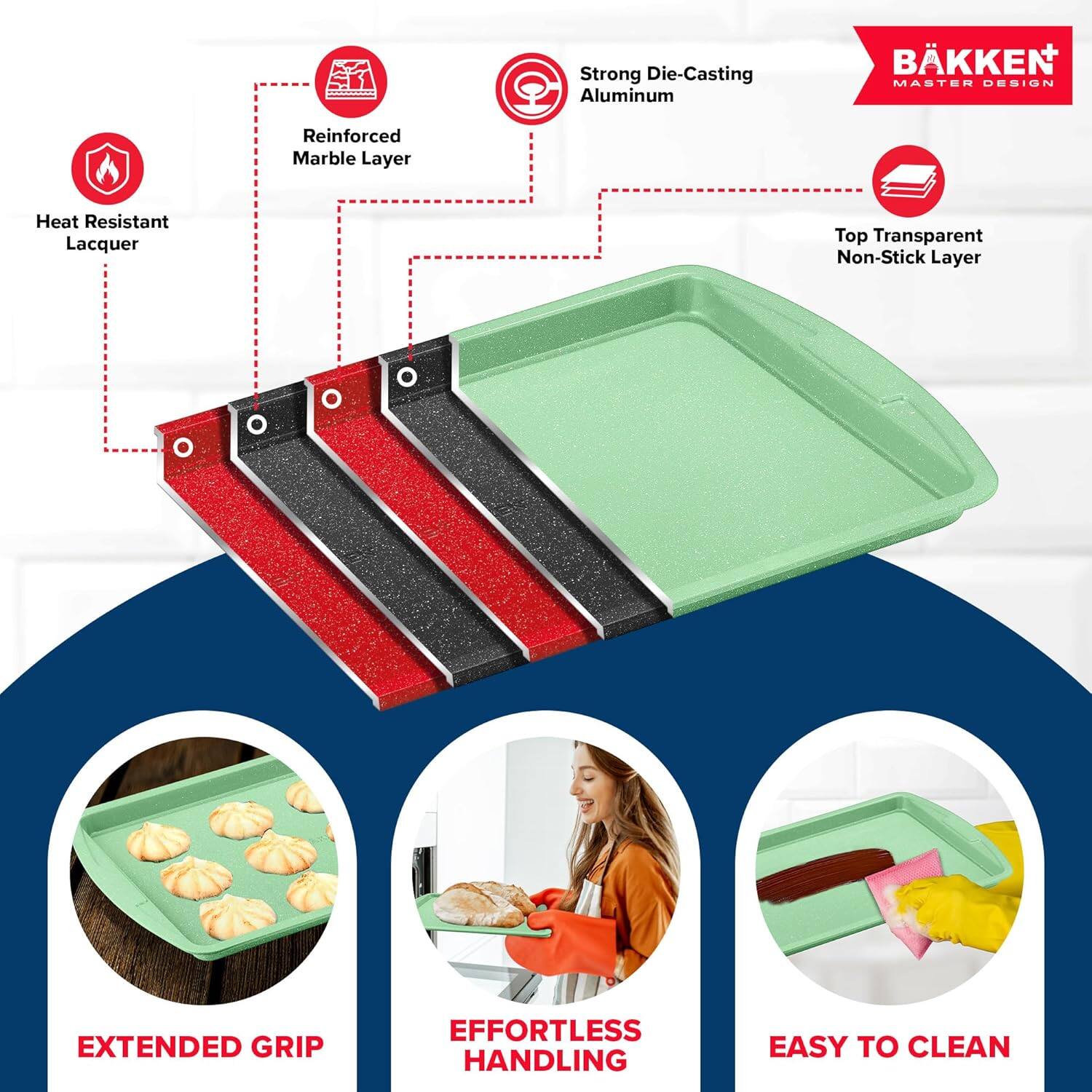 Strong Die-Casting Aluminum, Reinforced Marble Layer, Heat Resistant Lacquer, Top Transparent Non-Stick Layer, Extended Grip, Effortless Handling, Easy to Clean