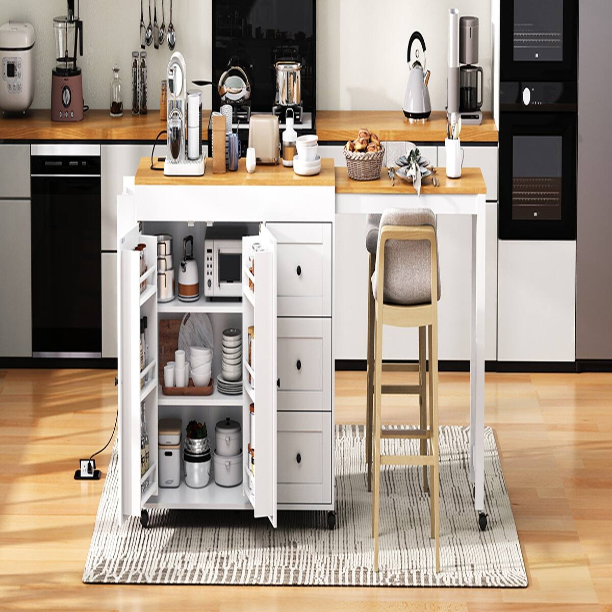 Alt View 10. Loheer - Loheer 74.8" Kitchen Island with Extendable Dining Table, White Kitchen Storage Cart with 3 Drawers & Power Outlet - White.