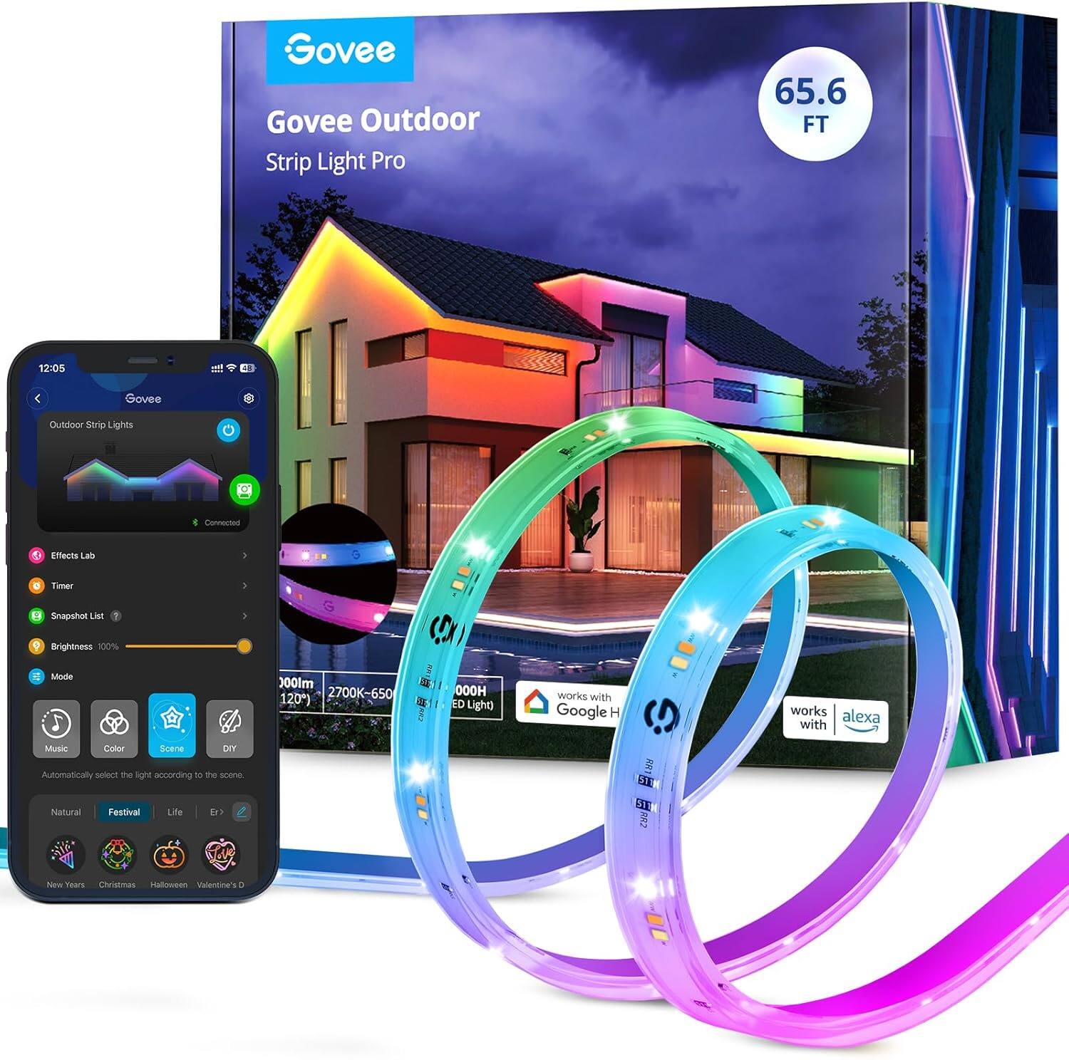 Govee - Outdoor LED Strip Lights RGBIC with Warm and Cold White, 65.6ft 2.4G WiFi Smart Outdoor Lights, IP65 Waterproof - Multicolor