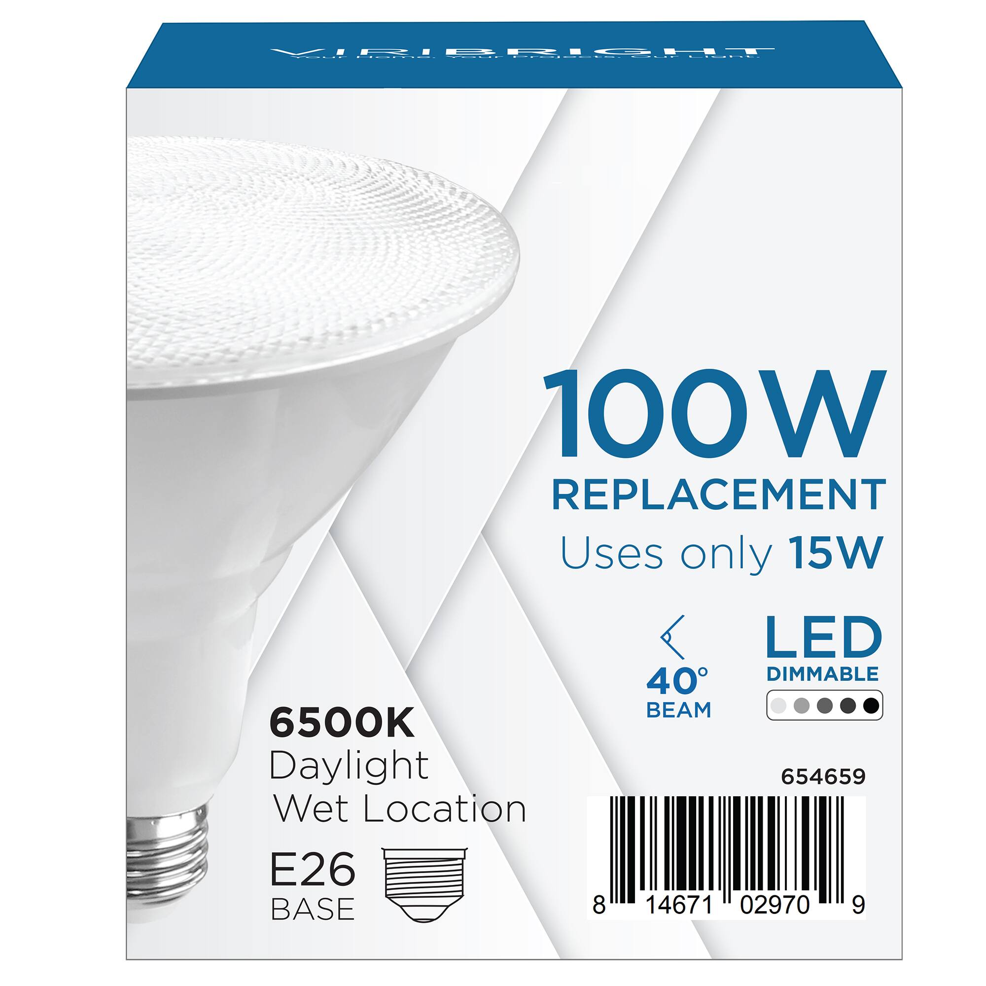 100W REPLACEMENT Uses only 15W LED DIMMABLE 40° BEAM 6500K Daylight Wet Location E26 BASE 654659 8 14671 02970 9
