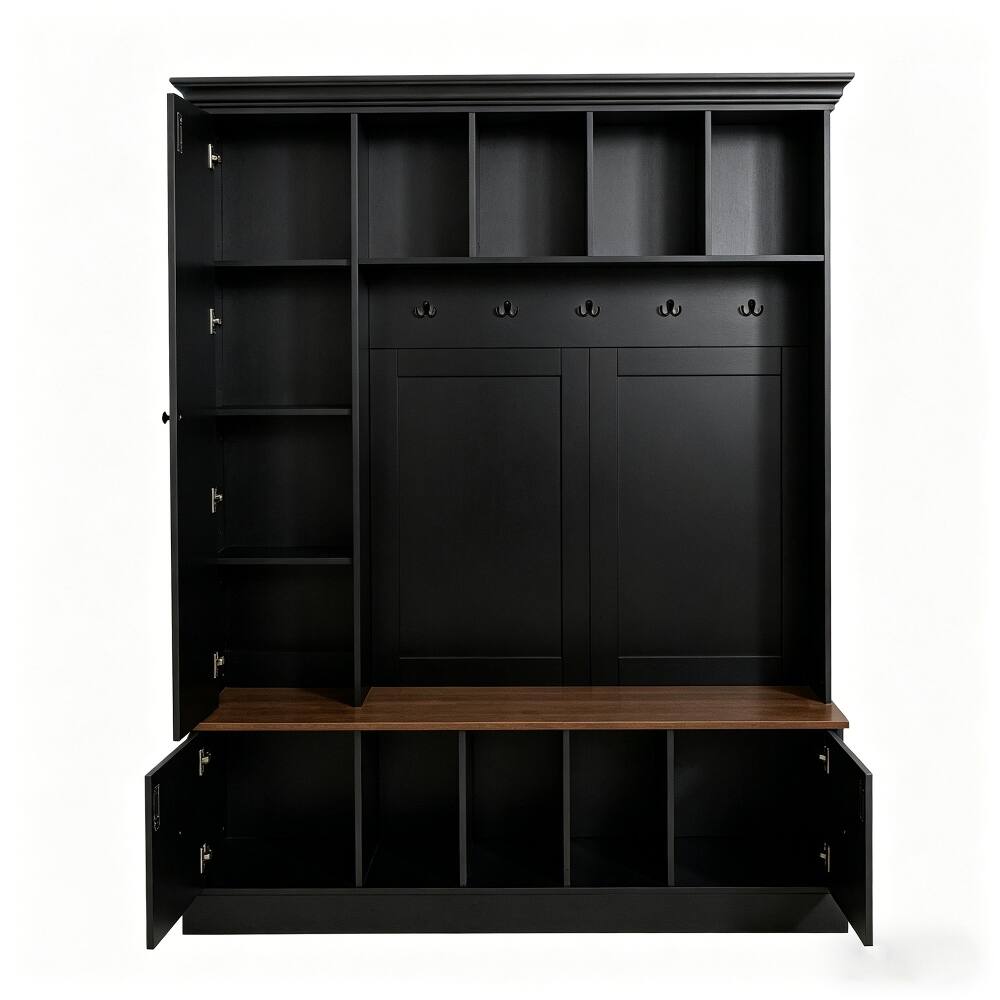 Alt View 3. Loheer - Loheer farmhouse hall tree with shoe storage bench, 62.2 inch wide entryway coat rack - Black.