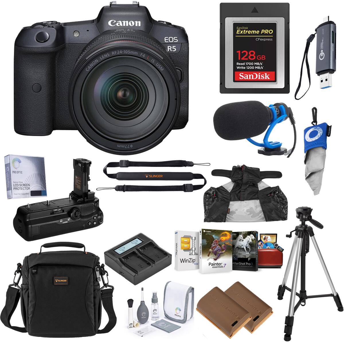 Canon EOS R5 RF24-105mm LENS F4 L IS CANON USM

SanDisk Extreme PRO CFexpress 128GB Read 1700 MB/s Write 1200 MB/s

77mm

PRO OFTIC

SLINGER

Cance LCD SCREEN PROTECTOR

owner

WINZIE Palmates WinZip

FOODMIC Painter 7 essentials

AfterShot Pro

UNGER

KJ.025