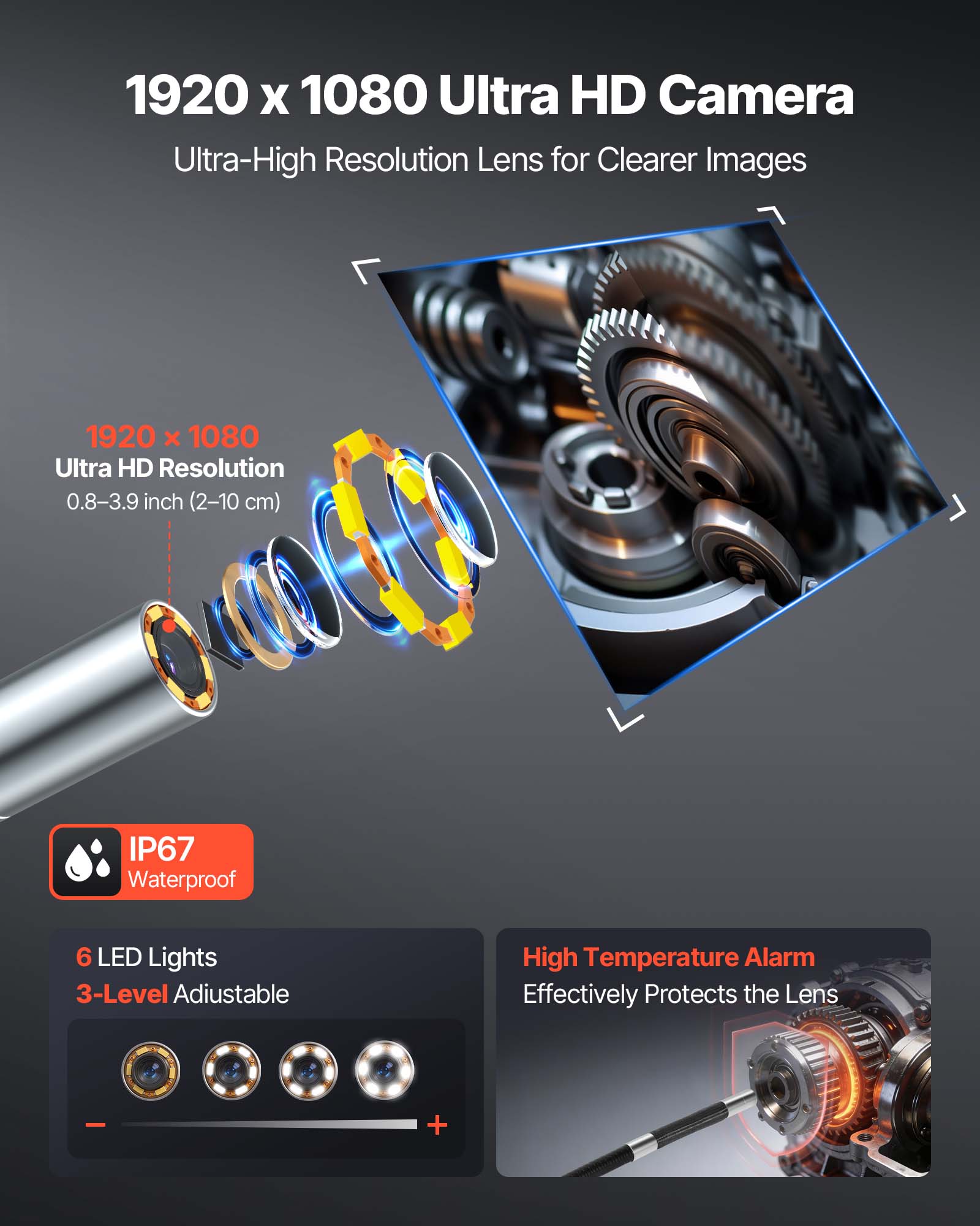 1920 x 1080 Ultra HD Camera  
Ultra-High Resolution Lens for Clearer Images  

1920 x 1080 Ultra HD Resolution  
0.8-3.9 inch (2-10 cm)  
IP67 Waterproof  
6 LED Lights  
3-Level Adjustable  
High Temperature Alarm  
Effectively Protects the Lens