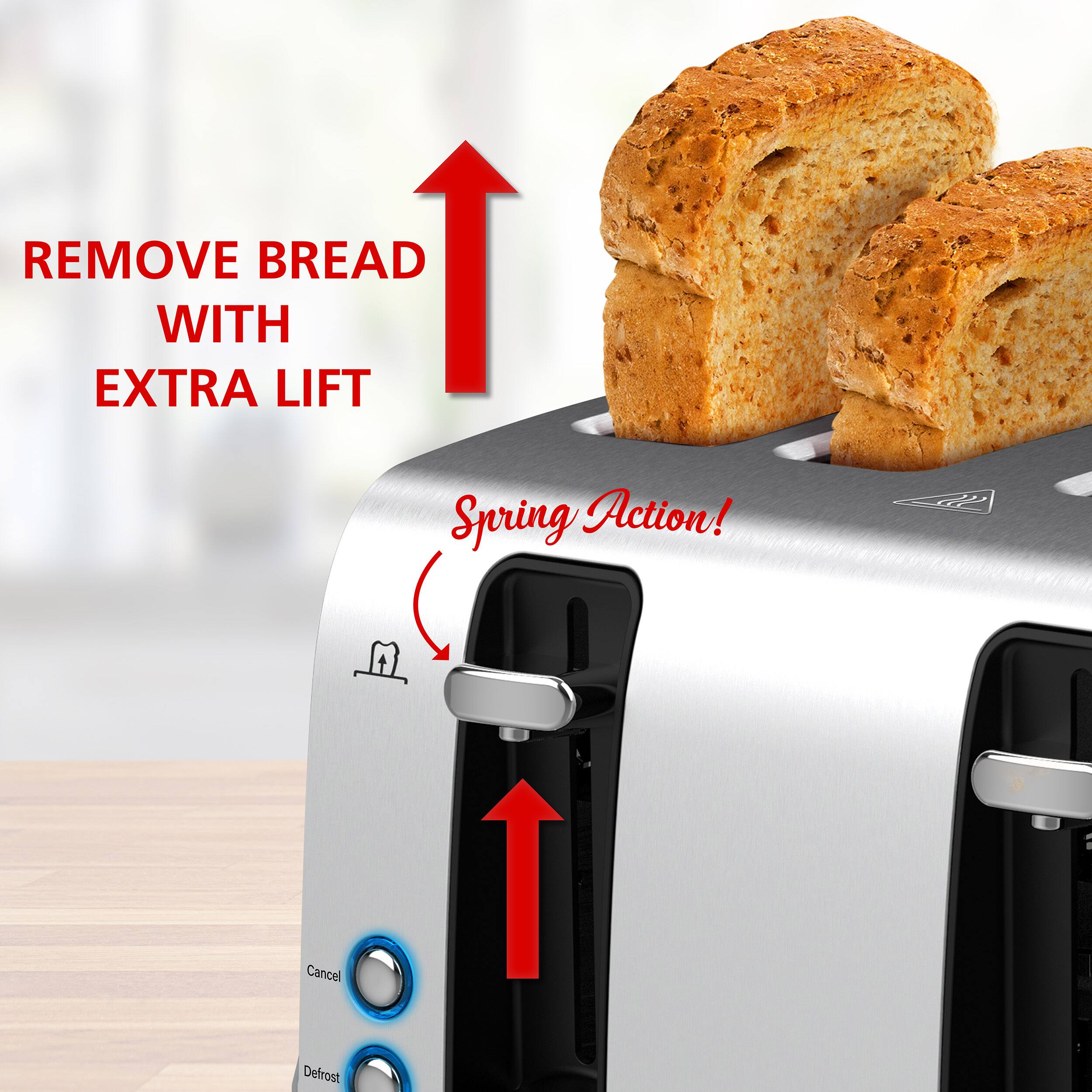 The text on the image is grouped as follows:

1. Remove Bread with Extra Lift: This is a description of the toaster oven's feature that helps to remove the bread more easily.
2. Spring Action!: This is a playful and attention-grabbing phrase that highlights the toaster oven's unique design.
3. Cancel Defrost: This is a button on the toaster oven that allows the user to cancel the defrosting process if they don't need it.