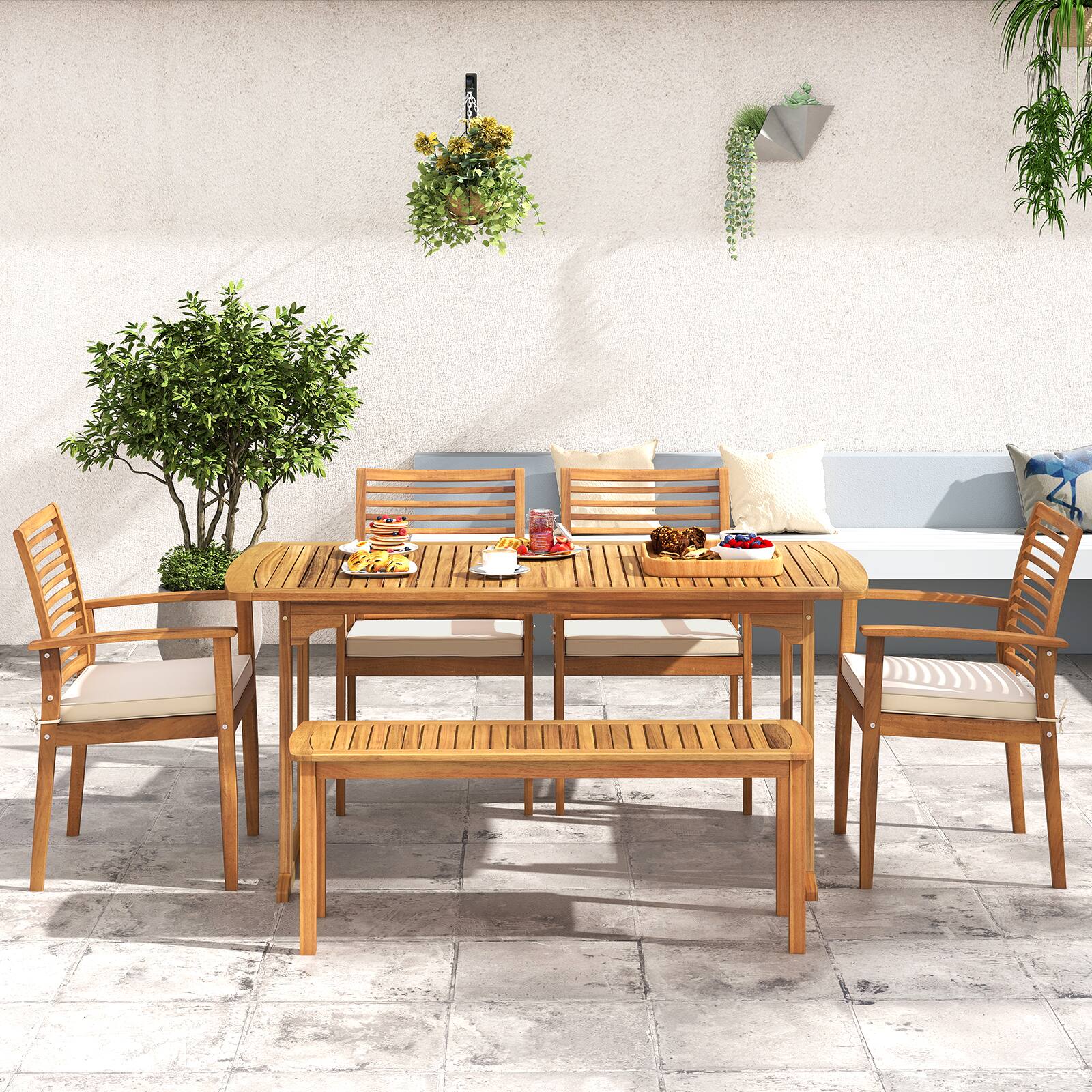 Alt View 8. Costway - Costway 6PCS Outdoor Acacia Wood Dining Set Rectangle Dining Table with 4 Chairs & Bench - Natural.