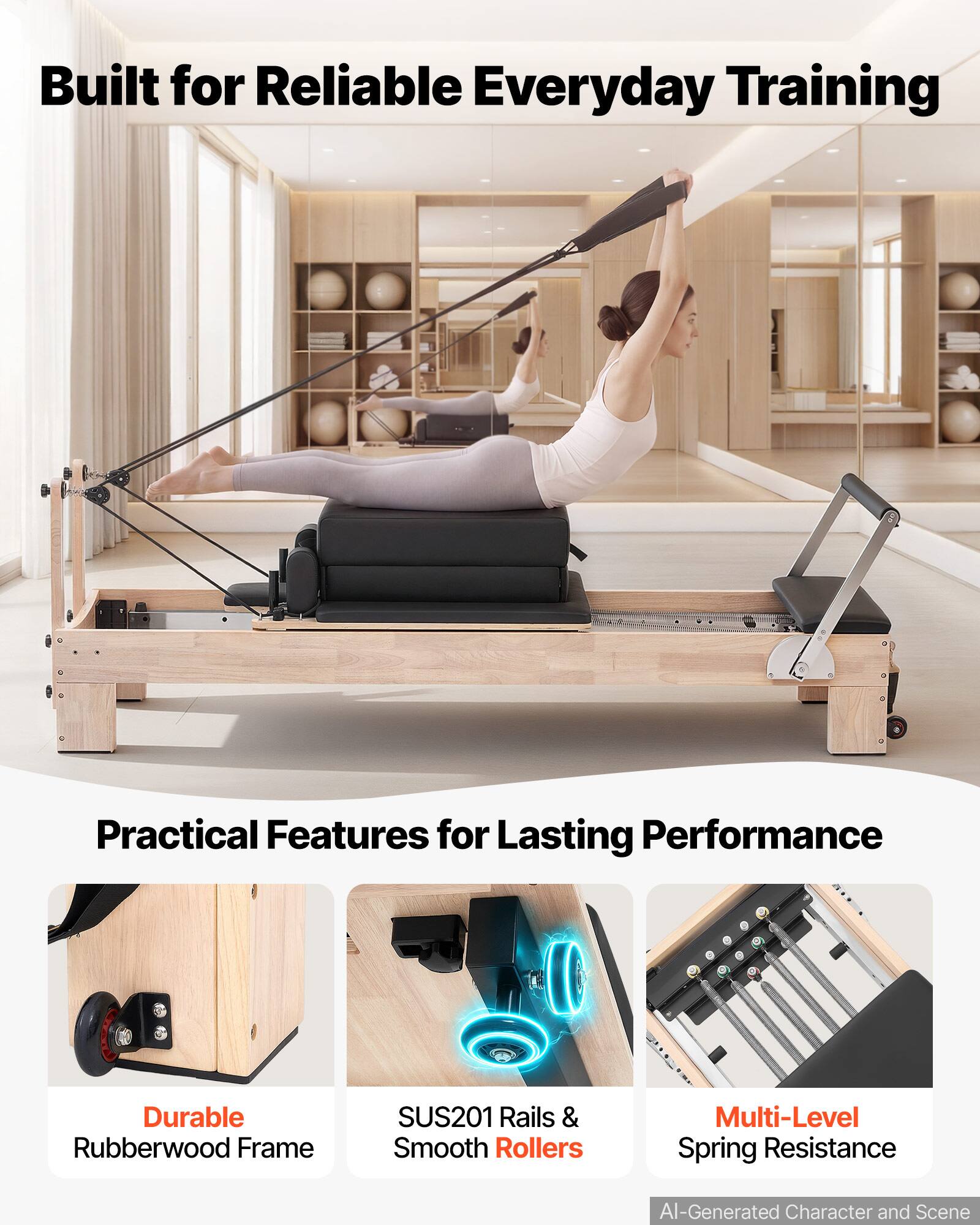 Built for Reliable Everyday Training

Practical Features for Lasting Performance

- Durable Rubberwood Frame
- SUS201 Rails & Smooth Rollers
- Multi-Level Spring Resistance

AI-Generated Character and Scene