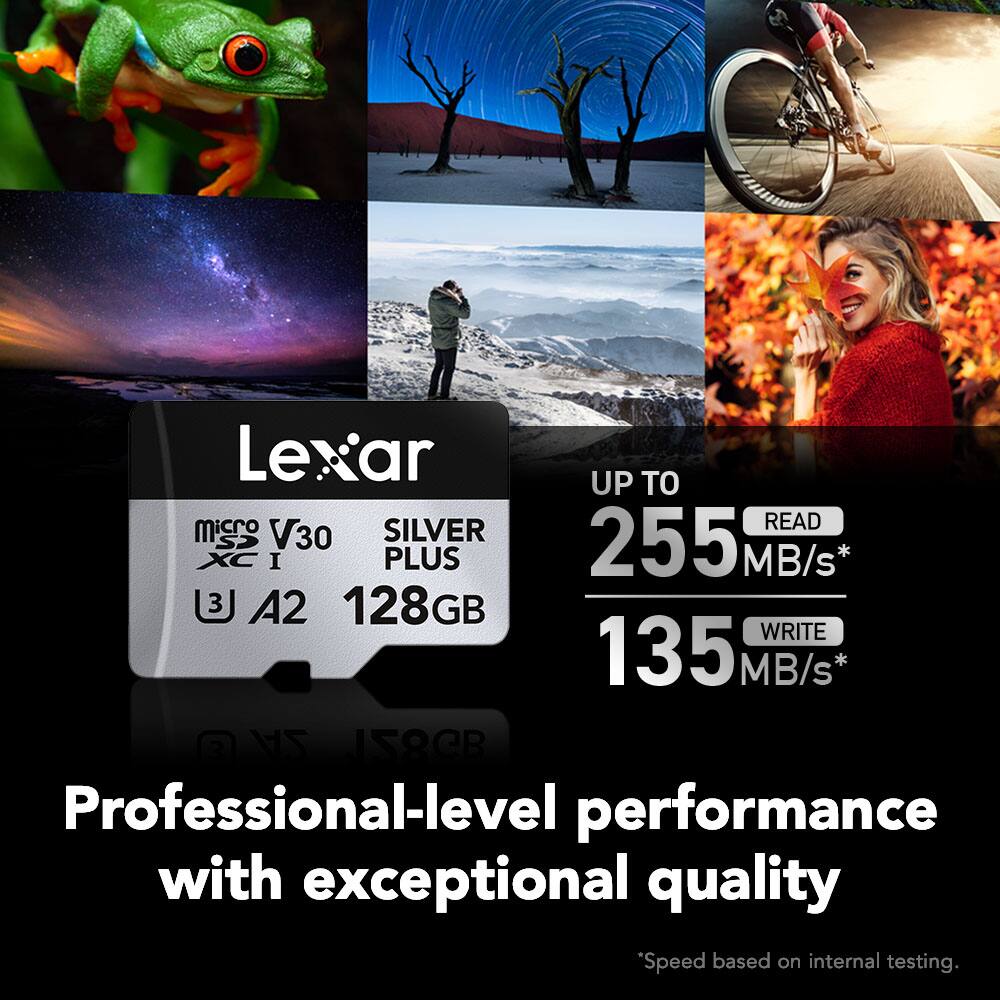 Lexar UP TO SILVER READ micro SDXC I PLUS V30 255 MB/s* 3 A2 128GB WRITE 135 MB/s* 2 A2 | Professional-level performance with exceptional quality *Speed based on internal testing.