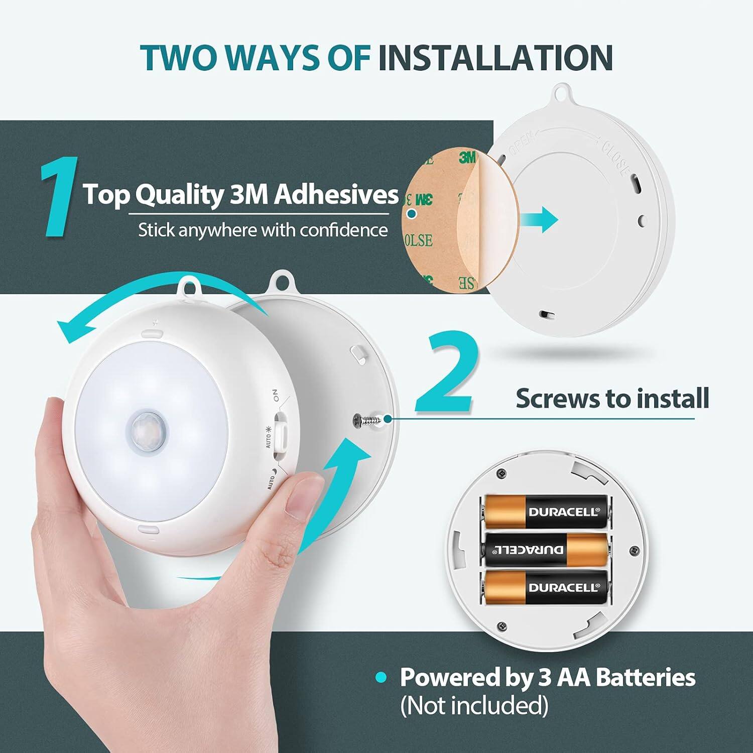 TWO WAYS OF INSTALLATION

1. Top Quality 3M Adhesives
   Stick anywhere with confidence

2. Screws to install

- Powered by 3 AA Batteries (Not included)