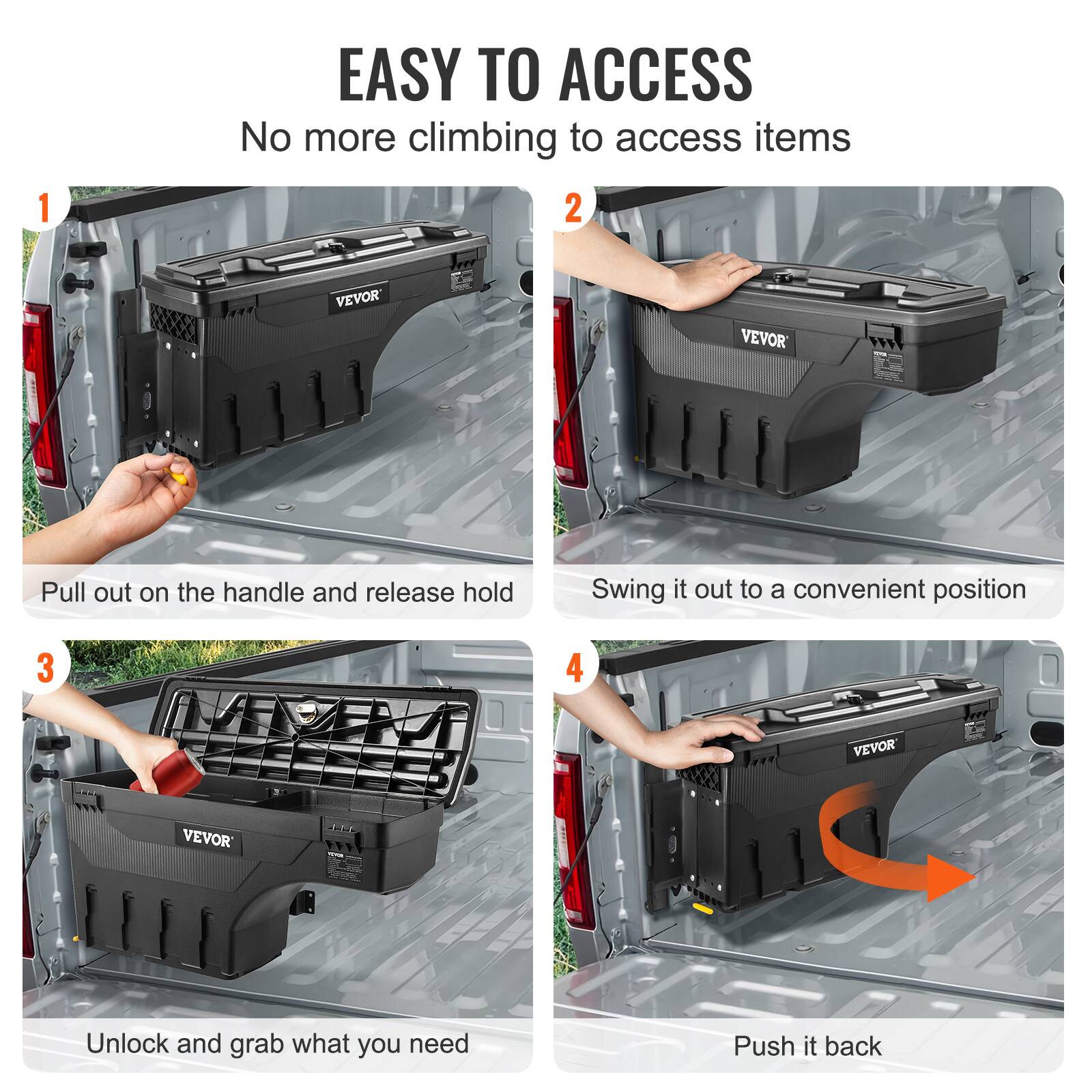 1. EASY TO ACCESS  
   No more climbing to access items

2. Pull out on the handle and release hold

3. Swing it out to a convenient position

4. Unlock and grab what you need

5. Push it back