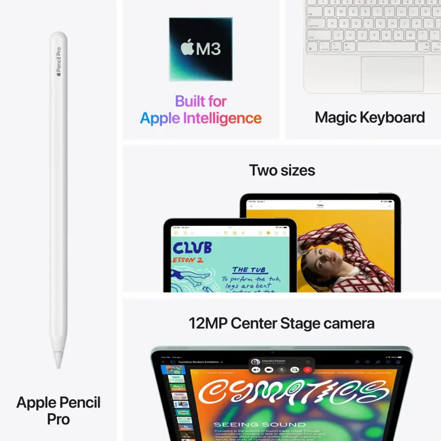 The text on the image is grouped and corrected as follows:

1. Apple Pencil Pro - Built for Apple Intelligence
2. Magic Keyboard - Two sizes: 12MP Center Stage camera
3. C.L.U.B. - Esson 2: The Tub - To perform the tub, legs are bent
4. Apple Pencil Pro - Seeing Sound - Epoch Cover - no sound
5. Apple Pencil Pro - Apple Pencil Pro - Seeing Sound - Epoch Cover - no sound
6. Apple Pencil Pro - Apple Pencil Pro - Seeing Sound - Epoch Cover - no sound
7. Apple Pencil Pro - Apple Pencil Pro - Seeing Sound - Epoch Cover - no sound
8. Apple Pencil Pro - Apple Pencil Pro - Seeing Sound - Epoch Cover - no sound
9. Apple Pencil Pro - Apple Pencil Pro - Seeing Sound - Epoch Cover - no sound
10. Apple Pencil Pro - Apple Pencil Pro - Seeing Sound - Epoch Cover - no sound
11. Apple Pencil Pro - Apple Pencil Pro - Seeing Sound - Epoch Cover - no sound
12. Apple Pencil Pro - Apple Pencil Pro - Seeing Sound - Epoch Cover - no sound
13. Apple Pencil Pro - Apple Pencil Pro - Seeing Sound - Epoch Cover - no sound
14. Apple Pencil Pro - Apple Pencil Pro - Seeing Sound - Epoch Cover - no sound
15. Apple Pencil Pro - Apple Pencil Pro - Seeing Sound - Epoch Cover - no sound
16. Apple Pencil Pro - Apple Pencil Pro - Seeing Sound - Epoch Cover - no sound
17. Apple Pencil Pro - Apple Pencil Pro - Seeing Sound - Epoch Cover - no sound
18. Apple Pencil Pro - Apple Pencil Pro - Seeing Sound - Epoch Cover - no sound
19. Apple Pencil Pro - Apple Pencil Pro - Seeing Sound - Epoch Cover - no sound
20. Apple Pencil Pro - Apple Pencil Pro - Seeing