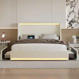 Vecelo - Queen Size LED Bed Frame with Headboard, Charging Ports, Storage Drawers, No Box Spring Needed, App & Remote Control - Beige