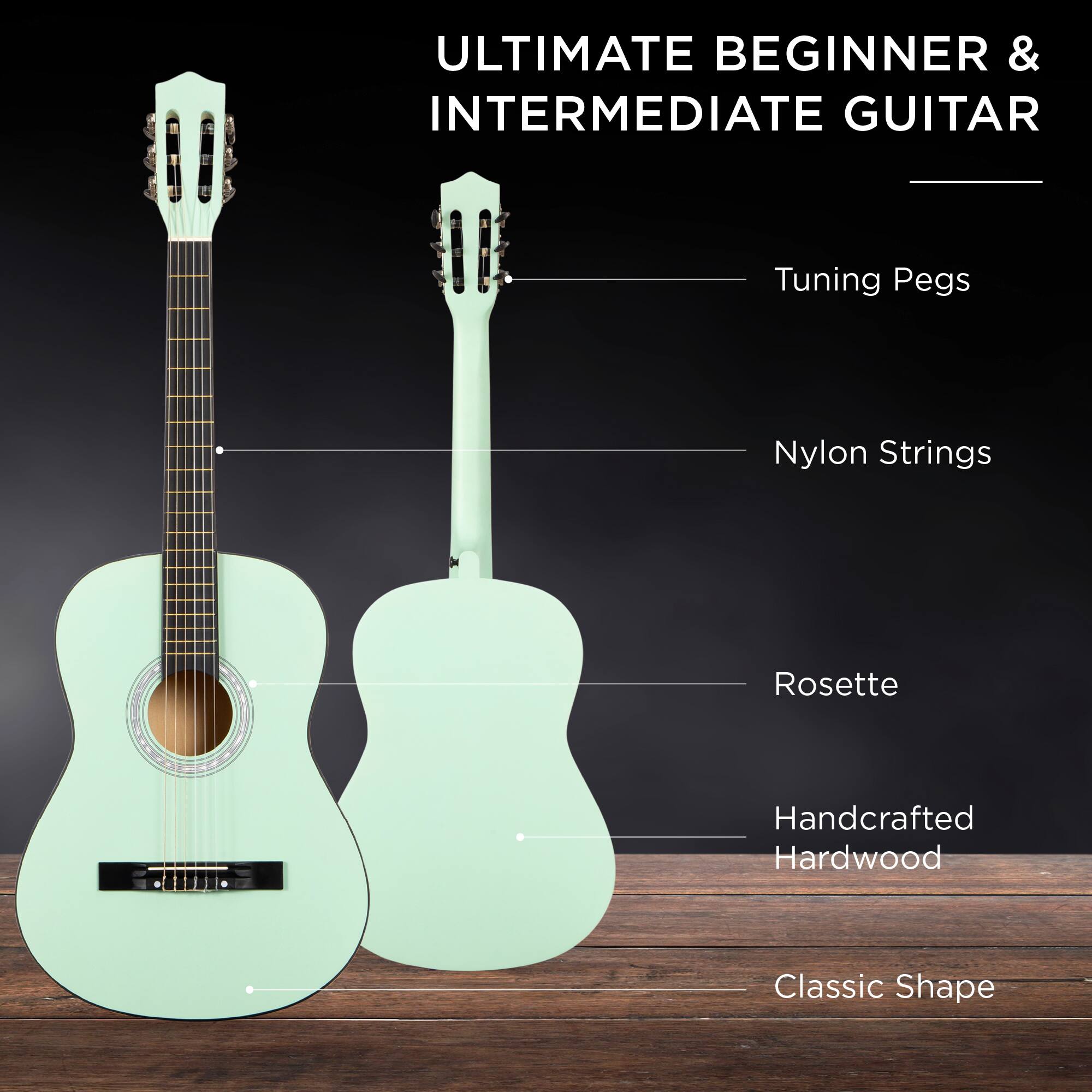 ULTIMATE BEGINNER & INTERMEDIATE GUITAR

- Tuning Pegs
- Nylon Strings
- Rosette
- Handcrafted Hardwood
- Classic Shape