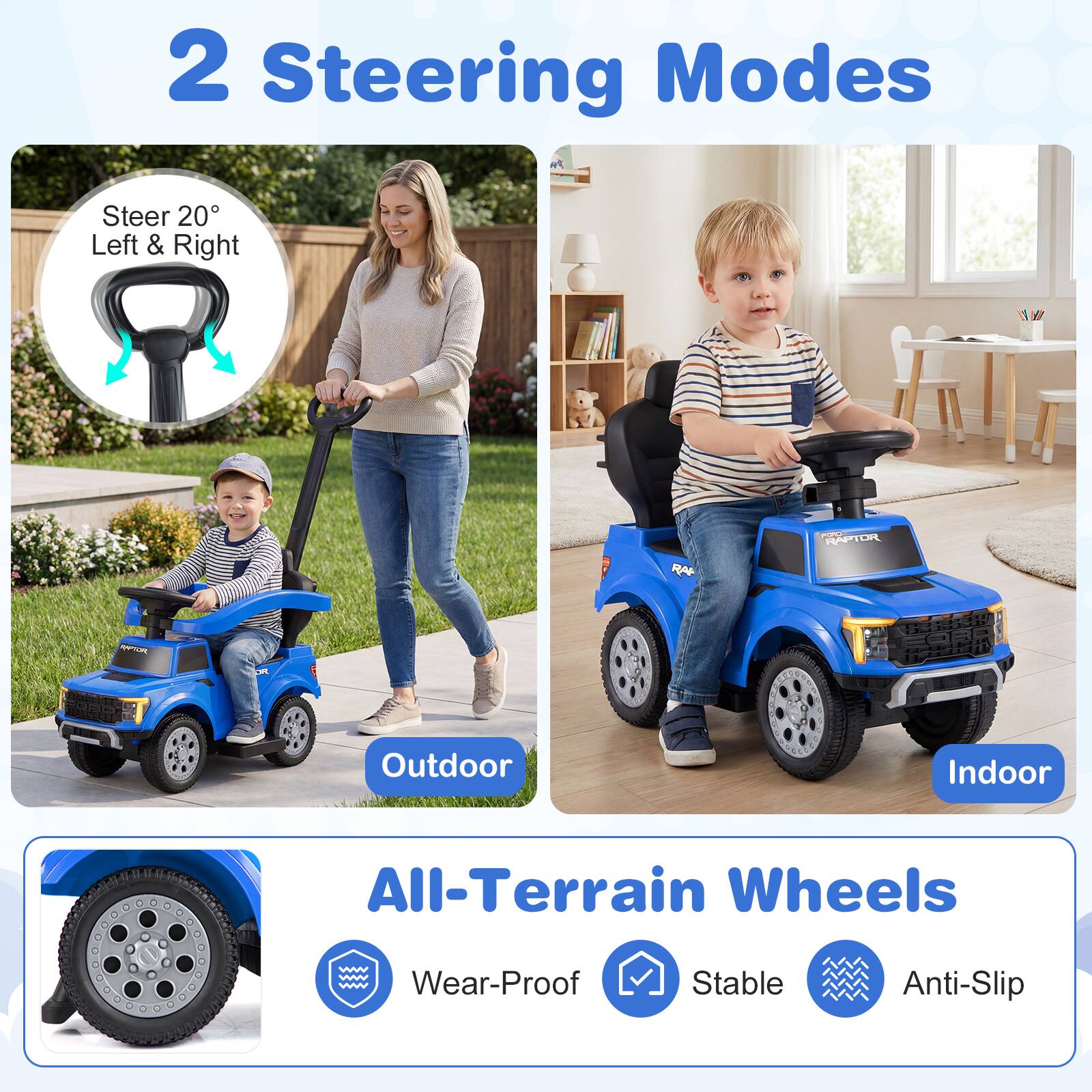 2 Steering Modes  
Steer 20° Left & Right  

Outdoor Indoor All-Terrain Wheels  
Wear-Proof Stable Anti-Slip