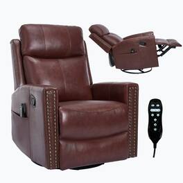 LUCKY ONE - Genuine Leather Manual Recliner Chair with 360° Swivel, Rocker, Heat Massage - Dark Red