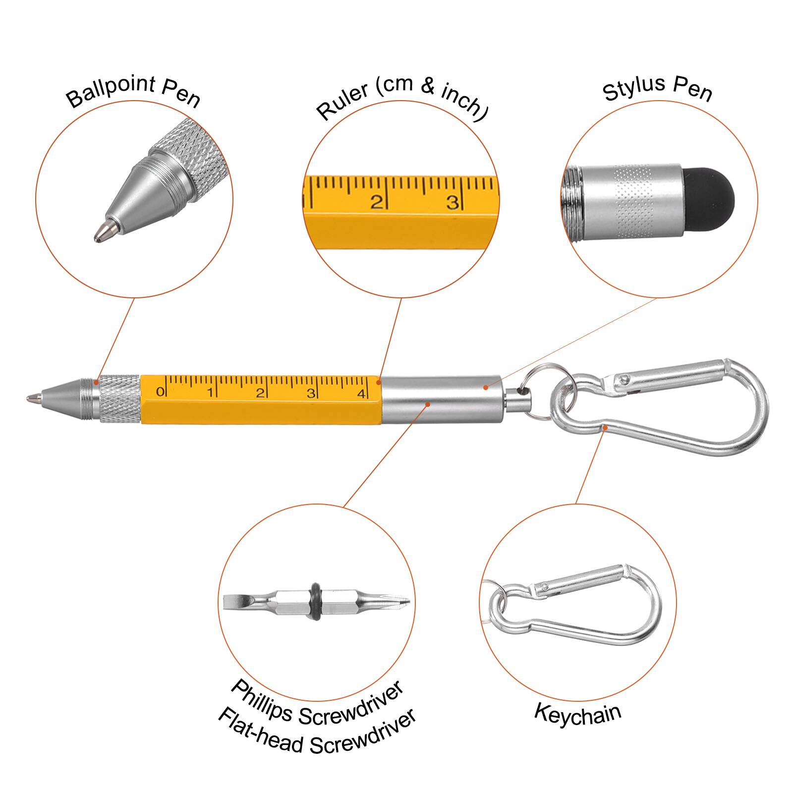 Ballpoint Pen  
Ruler (cm & inch)  
Stylus Pen  
Phillips Screwdriver  
Flat-head Screwdriver  
Keychain