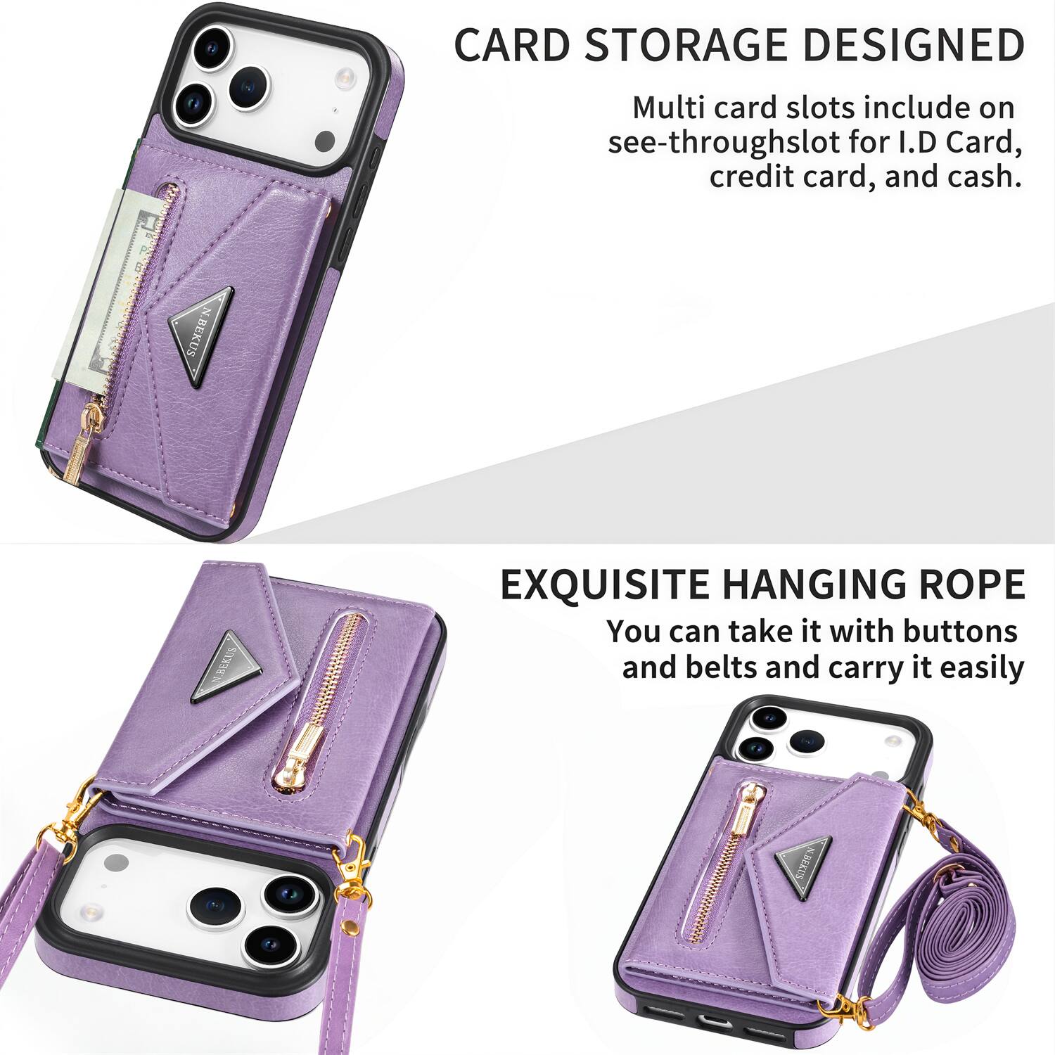 CARD STORAGE DESIGNED  
Multi card slots include on see-through slot for I.D Card, credit card, and cash.  

EXQUISITE HANGING ROPE  
You can take it with buttons and belts and carry it easily.