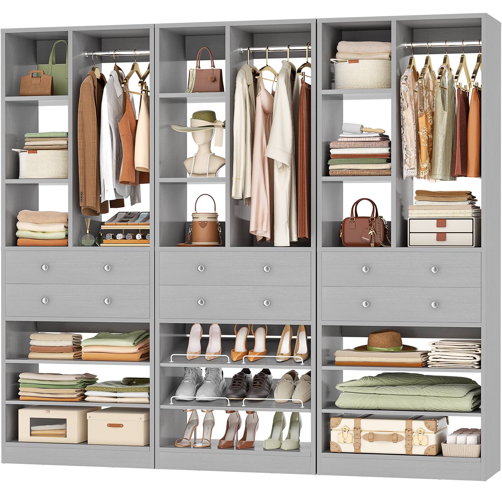 Angle. Aheaplus - 84" Free-Standing Closet Organizer with Drawers & Shelves, 1800LBS Load, 3-Pack Tower System - Gray.