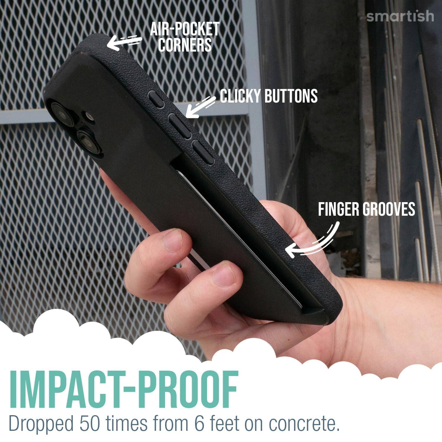 AIR-POCKET CORNERS  
CLICKY BUTTONS  
FINGER GROOVES  
IMPACT-PROOF  
Dropped 50 times from 6 feet on concrete.