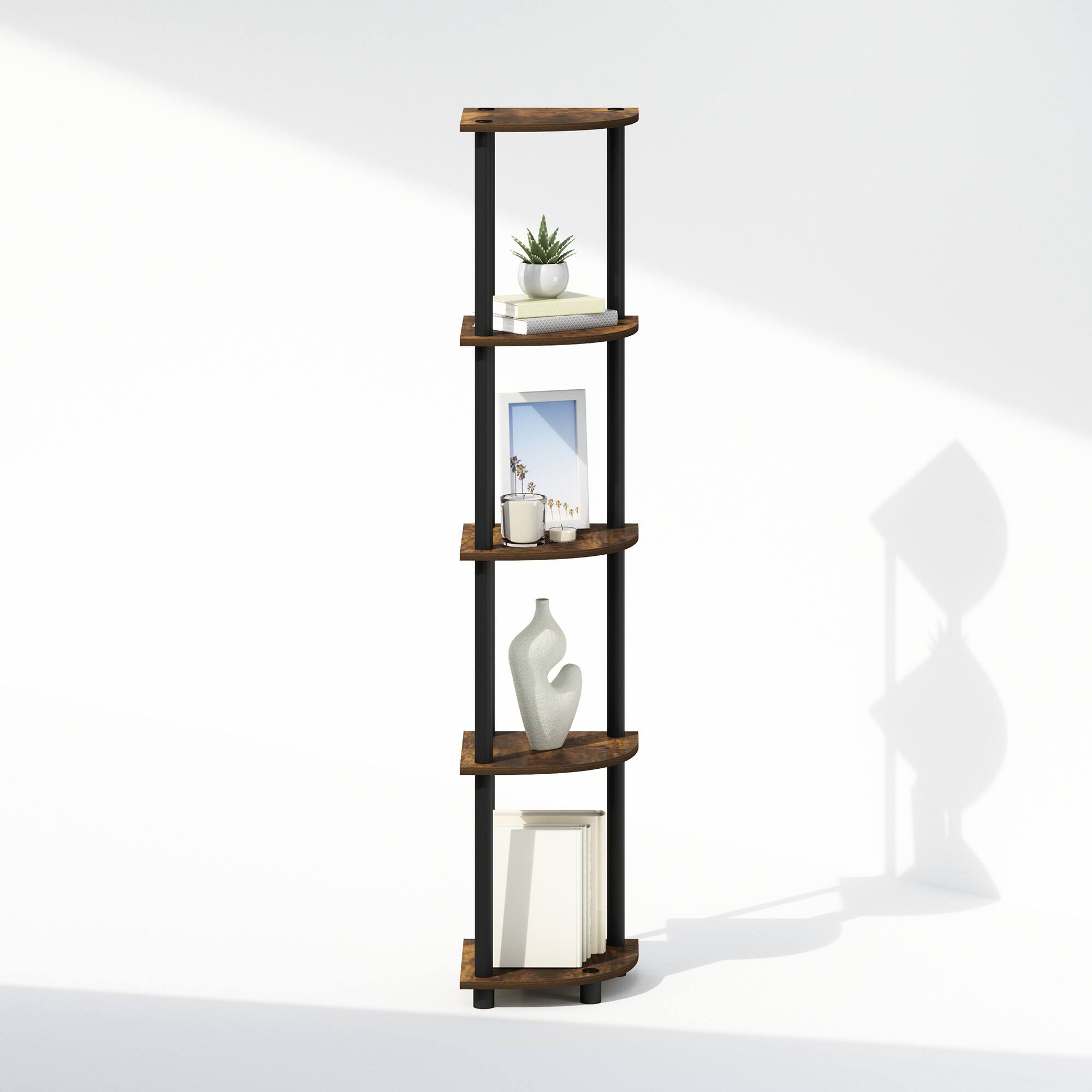Alt View 3. Furinno - TURN-N-TUBE 5-Tier Corner Display Rack, Corner Shelf, Shelving Unit, for Organization and Storage - Amber Oak/Black.