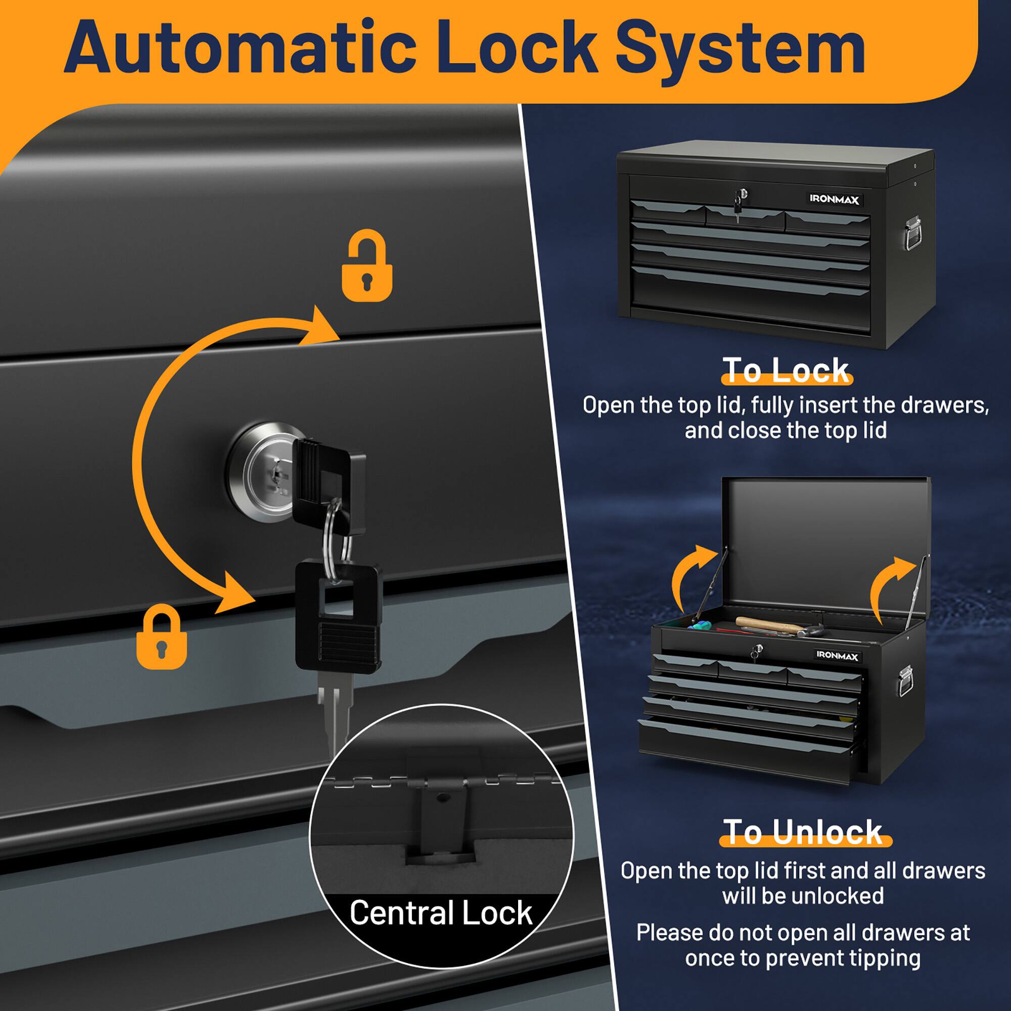 Automatic Lock System

IRONMAX

To Lock
Open the top lid, fully insert the drawers, and close the top lid

Central Lock

To Unlock
Open the top lid first and all drawers will be unlocked
Please do not open all drawers at once to prevent tipping