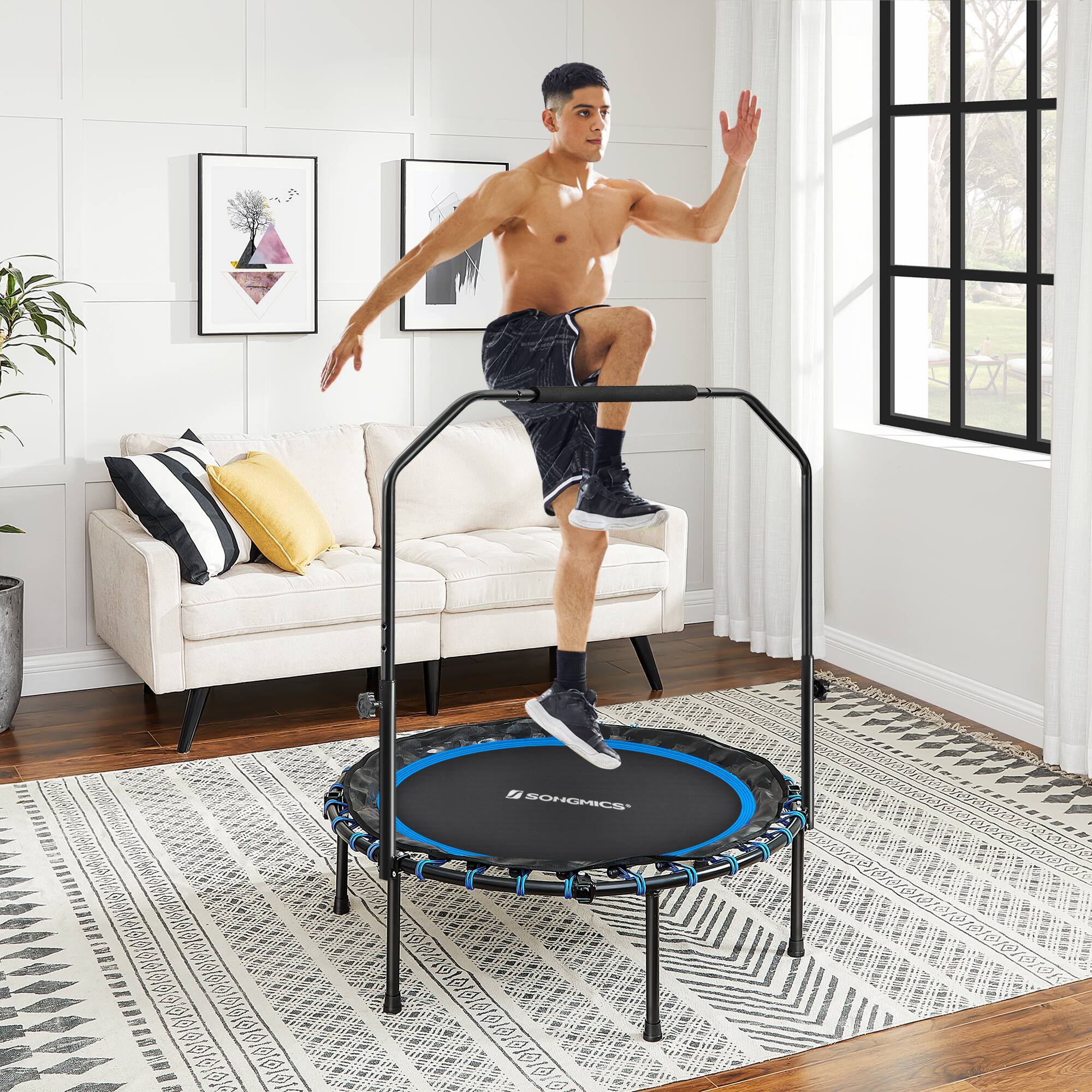 Angle. Songmics Home - 40 Inches Mini Fitness Trampoline, Fitness Rebounder with Adjustable Handrail, Foldable Trampoline for At-Home Workout - Blue and Black.