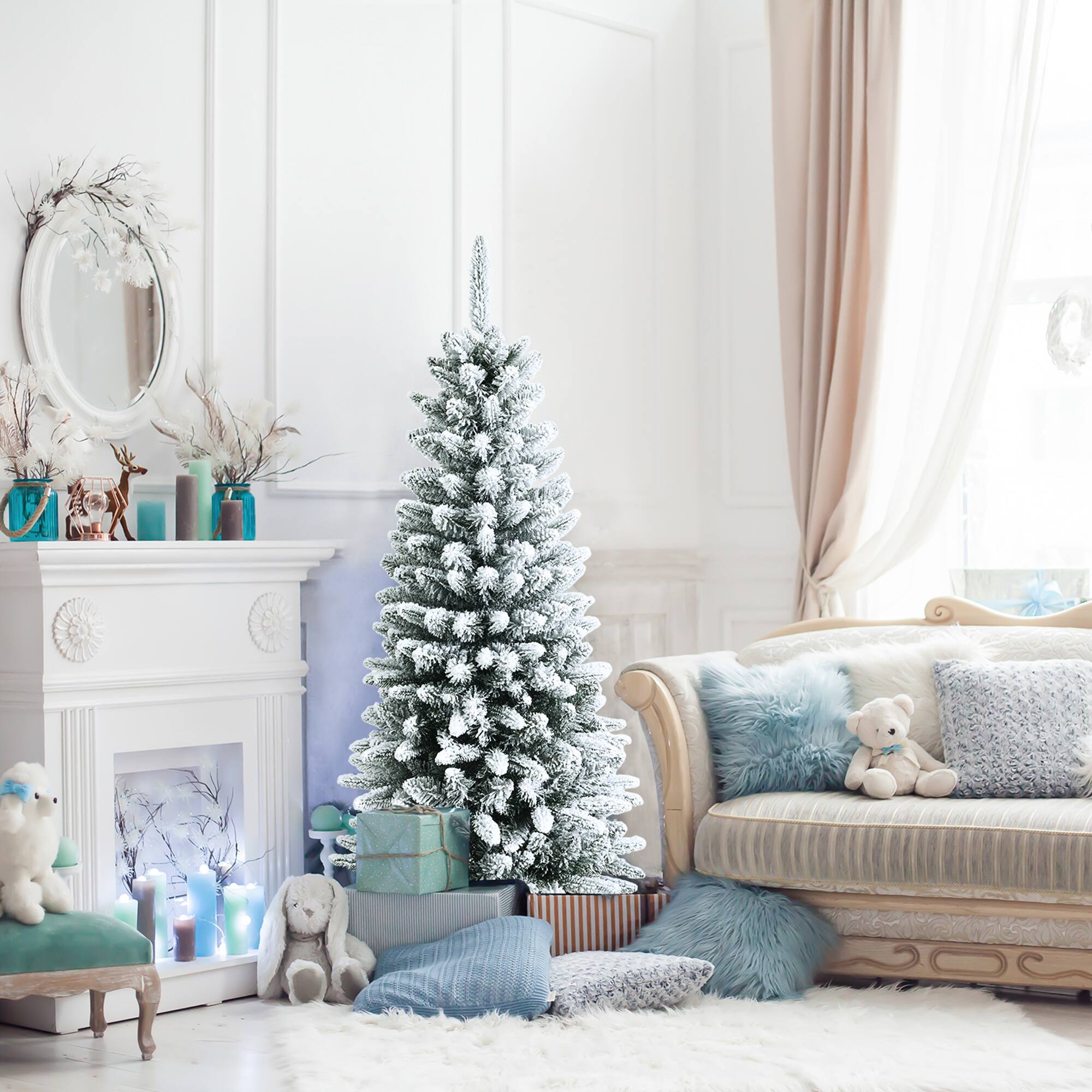 Alt View 2. Gymax - Gymax 4.5 FT Artificial Slim Christmas Tree Unlit Snow-Flocked Xmas Pencil Tree - White.