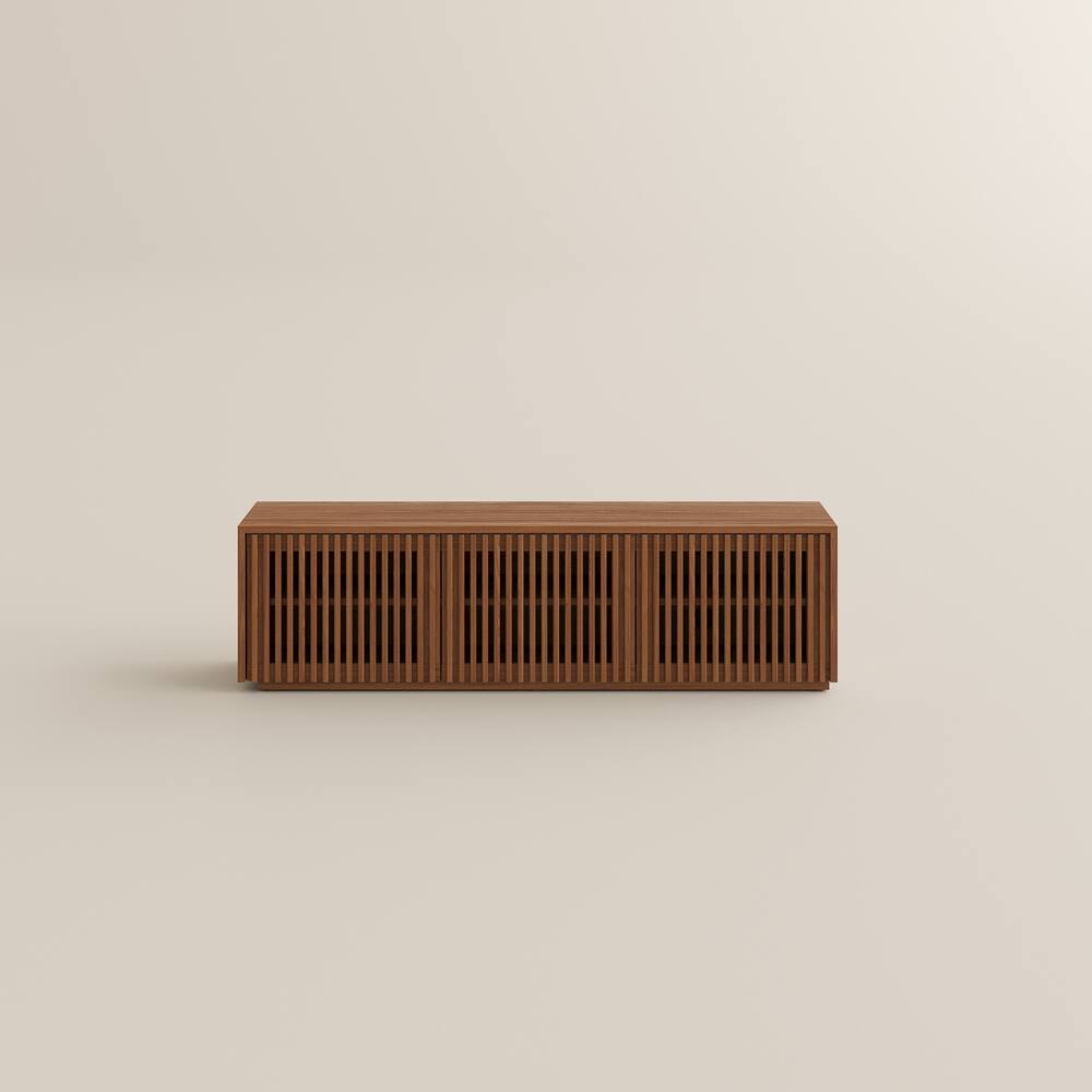 Alt View 7. POVISON - 59" Modern Wood TV Stand, Minimalist Slatted Entertainment Center Fully-Assembled, Perfect for 45-inch TVs - Walnut Color.