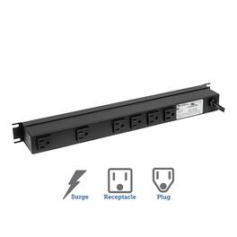 RackSolutions - 15A Horizontal Rackmount Power Strip with Surge Protection and 6 Rear Outlets (15ft Cord) - Black