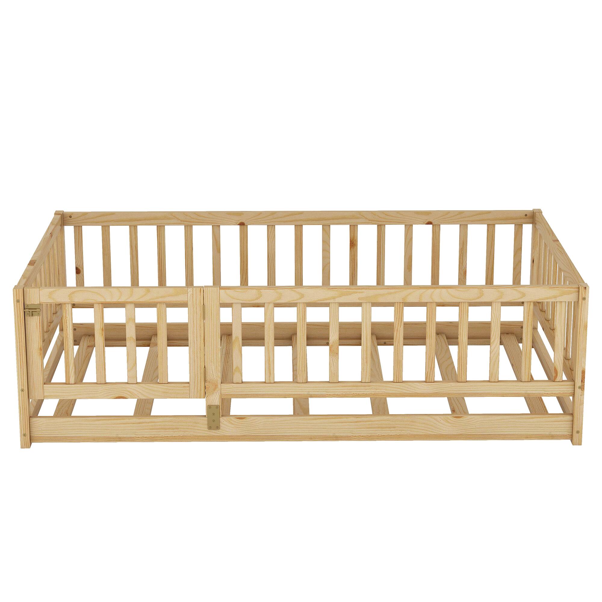 Alt View 6. GOODSILO - Twin Size Montessori Floor Bed with Fence and Door, Wood Bed Frame for Kids, Boys & Girls - Oak.