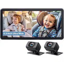 PRIMEPLUS - 2-Kids Baby Car Camera - Dual 1080P HD Monitor with 6.9" Ultrawide Display, USB Powered, 940nm No-Light Night Vision