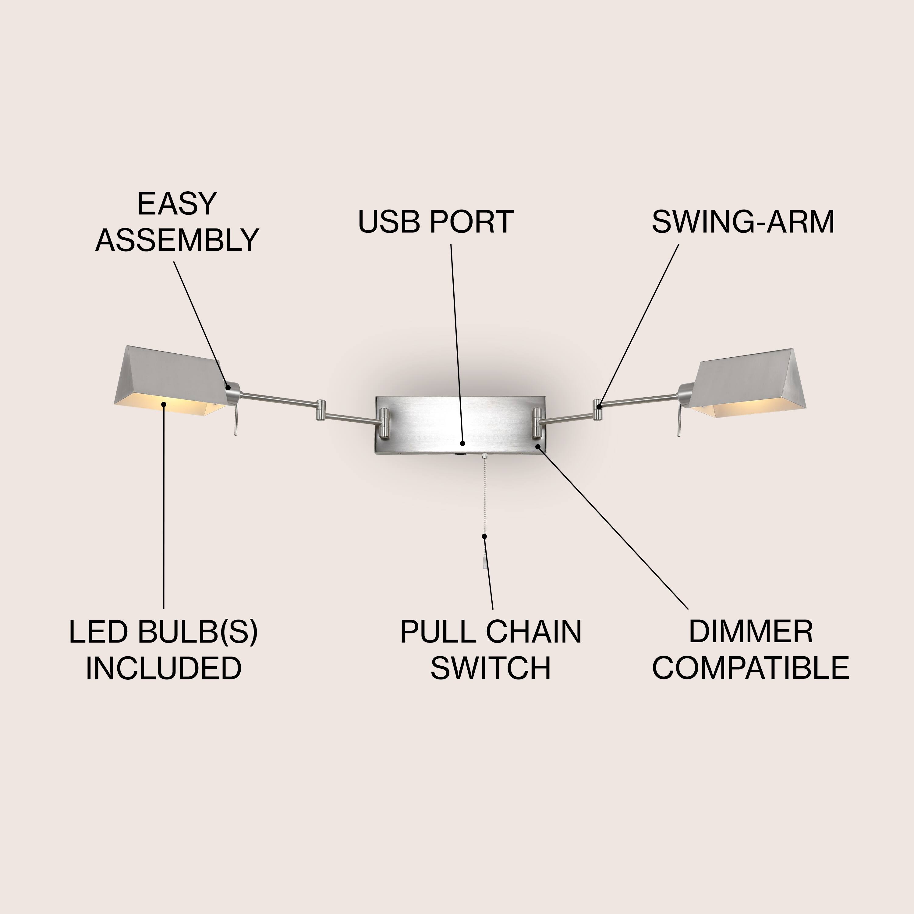 EASY ASSEMBLY USB PORT SWING-ARM LED BULB(S) INCLUDED PULL CHAIN DIMMER SWITCH COMPATIBLE