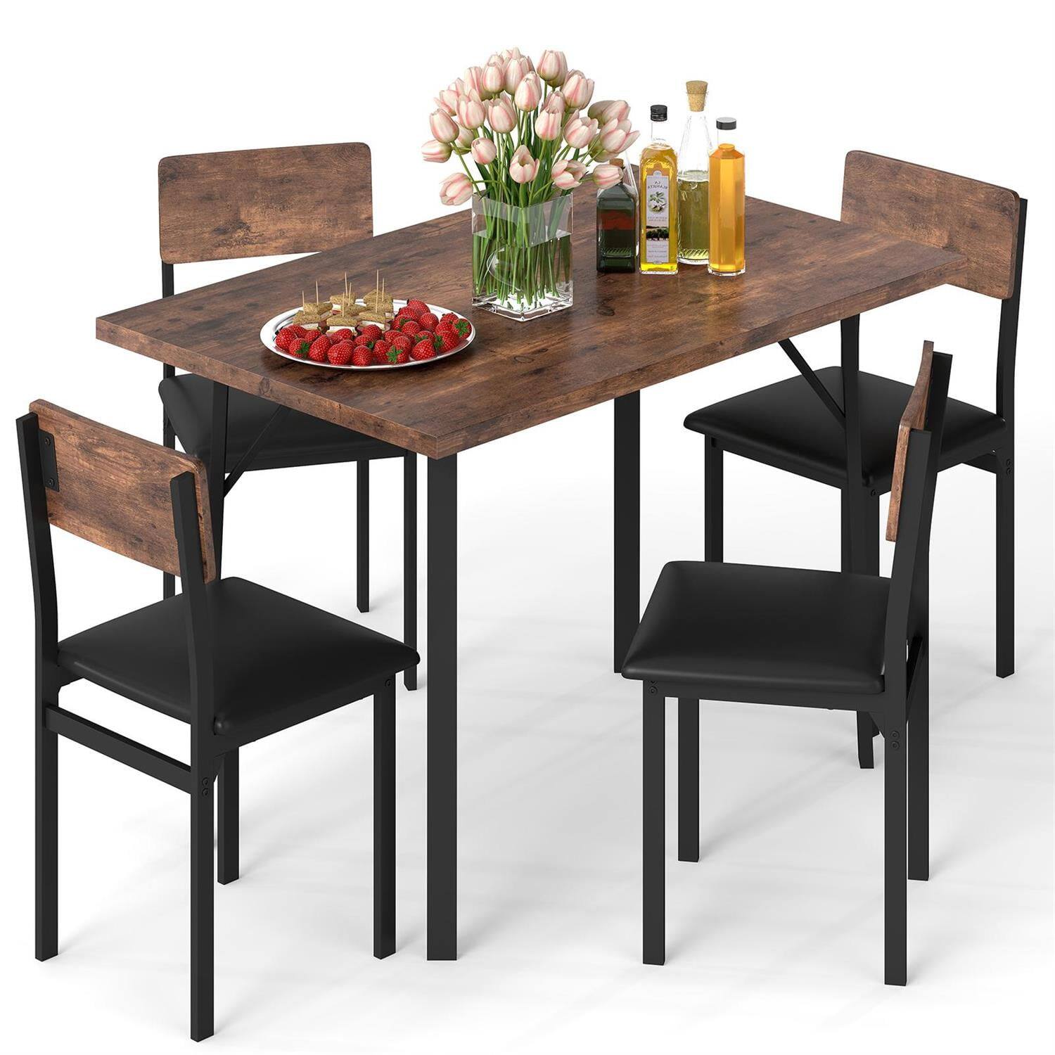 Alt View 3. Pefilos - 5-Piece Dining Set,4 PU Leather Chairs Metal Frame,Waterproof,Rustic Brown - Brown.
