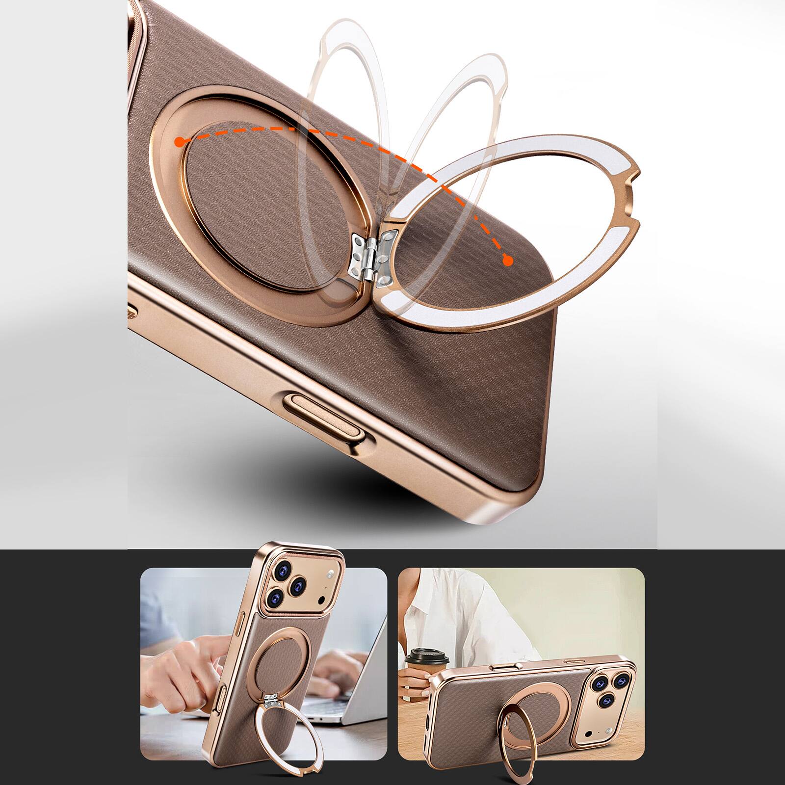 Alt View 2. Dteck - Shockproof Magnetic Case for Apple iPhone 17 Pro Max with 360 Rotating Ring Stand, Electroplated Frame Protective Cover - Orange.