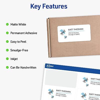 Key Features

- Matte White
- Permanent Adhesive
- Easy to Peel
- Smudge-Free
- Inkjet
- Can Be Handwritten

MATT THIESMAN  
2114 Corvey Ave  
Chicago, IL 60603

MATT THIESMAN  
2114 Corvey Ave  
Chicago, IL 60603

MATT THIESMAN  
2114 Corvey Ave  
Chicago, IL 60603